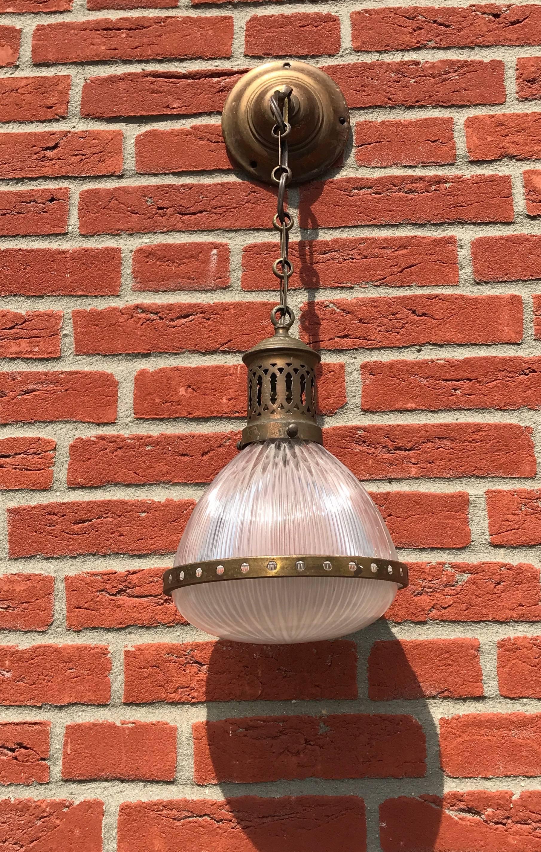 Early, 1900 French Art Deco Holophane Glass and Brass Pendant Light Ceiling Lamp 3