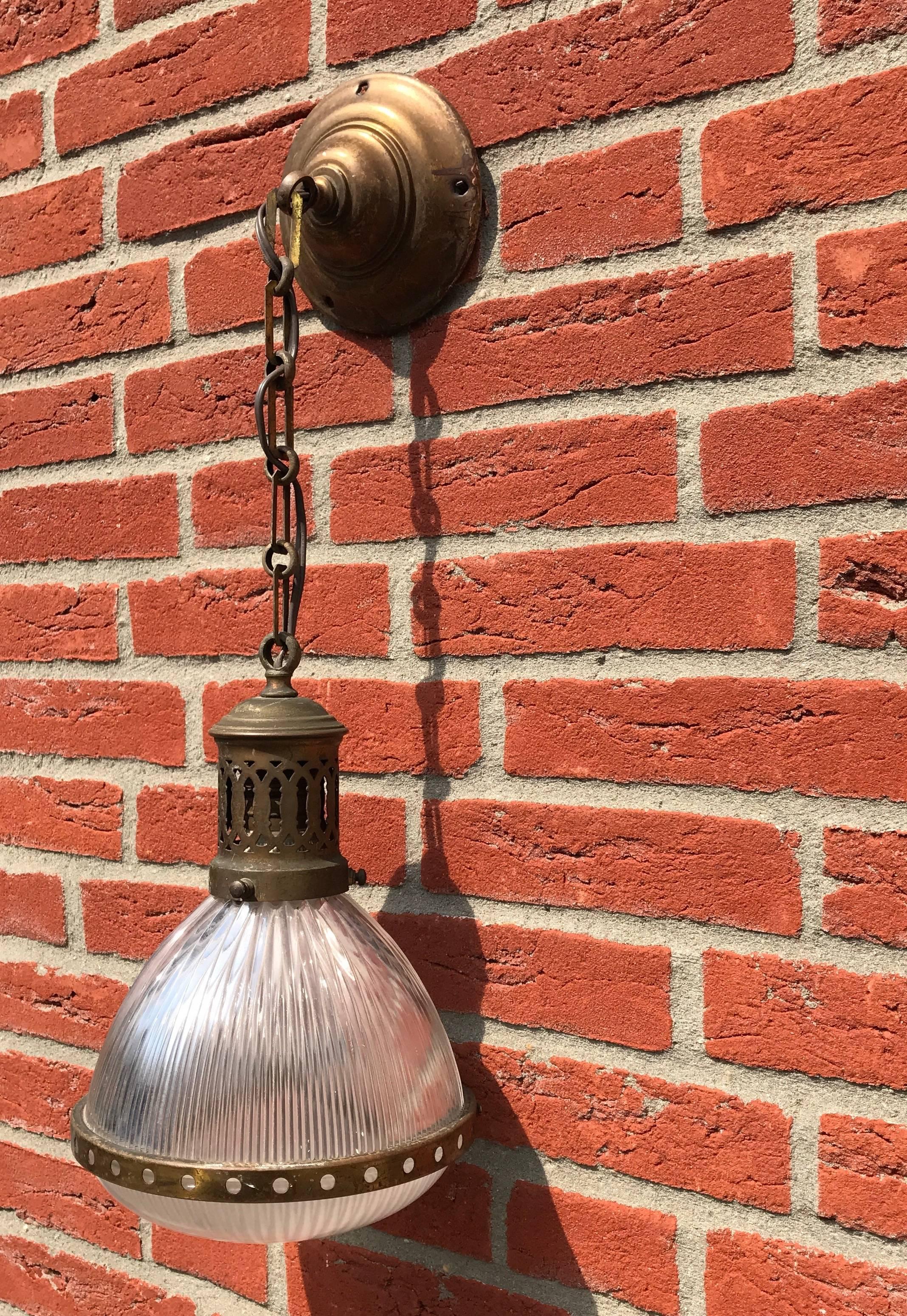Early, 1900 French Art Deco Holophane Glass and Brass Pendant Light Ceiling Lamp 4