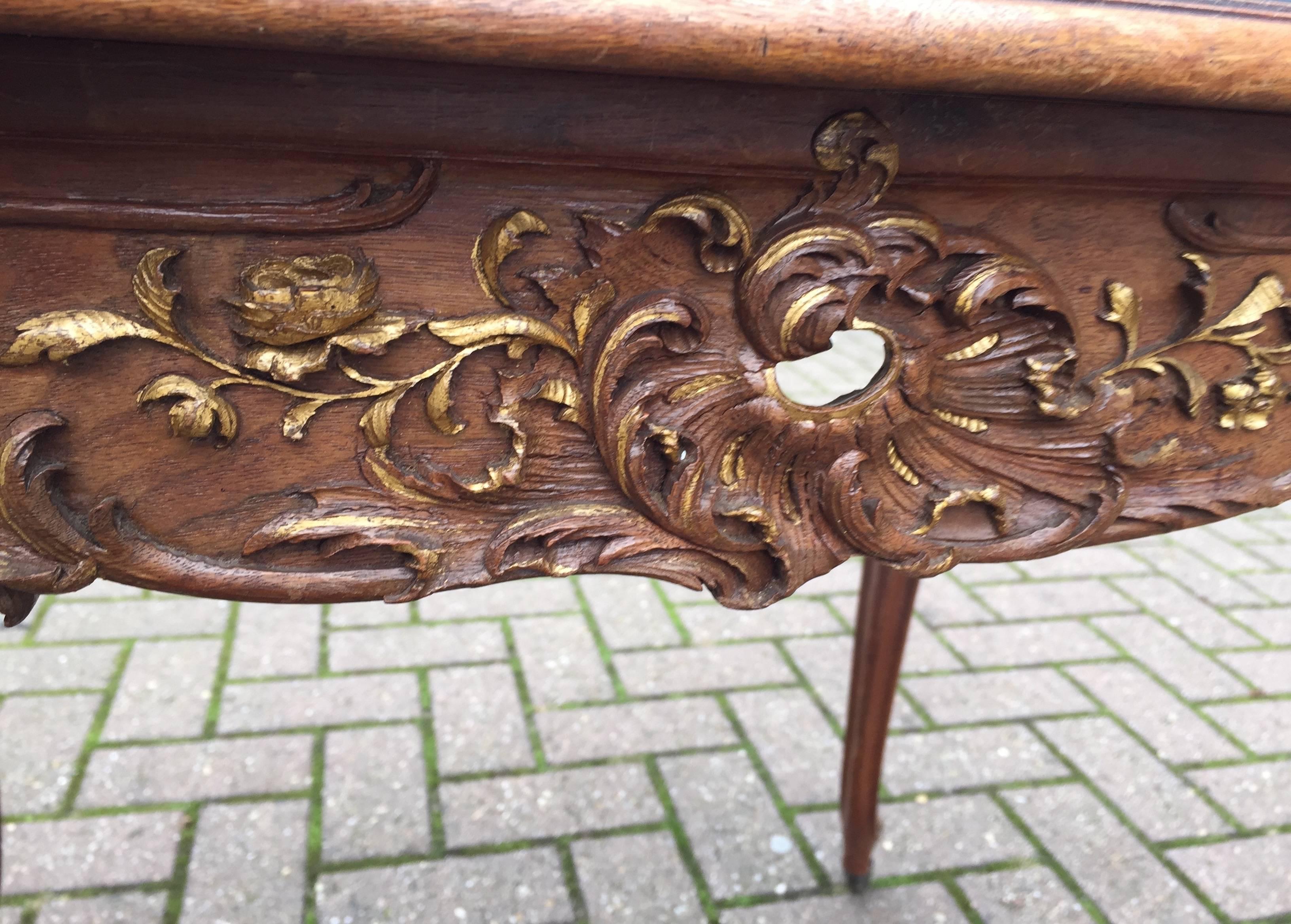 20th Century French Arts & Craft Carved, Gilt and Inlaid Louis Seize Style Walnut Table  For Sale