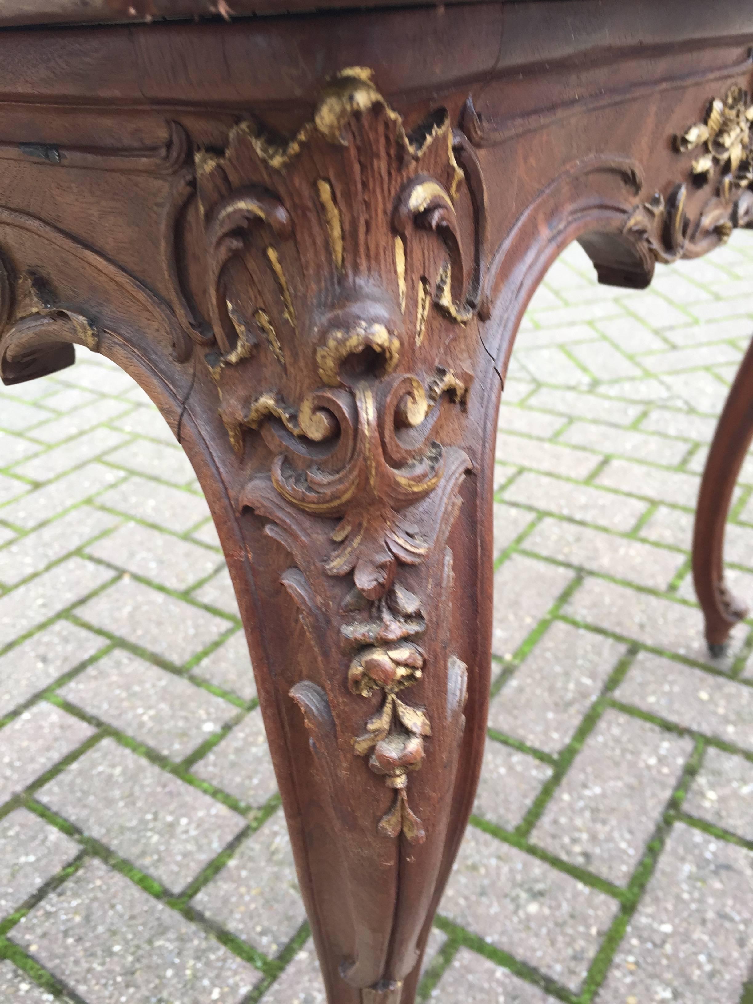 Nutwood French Arts & Craft Carved, Gilt and Inlaid Louis Seize Style Walnut Table  For Sale