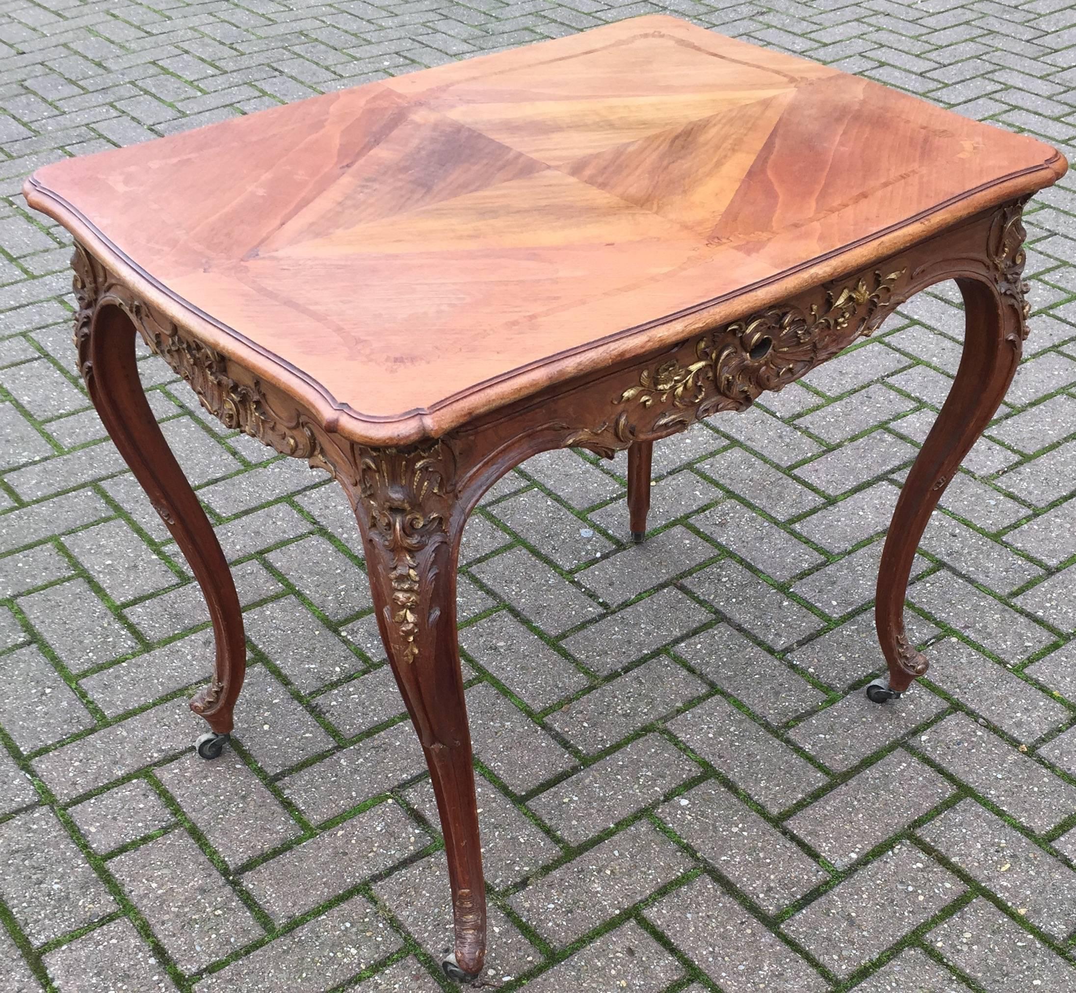 French Arts & Craft Carved, Gilt and Inlaid Louis Seize Style Walnut Table  For Sale 2