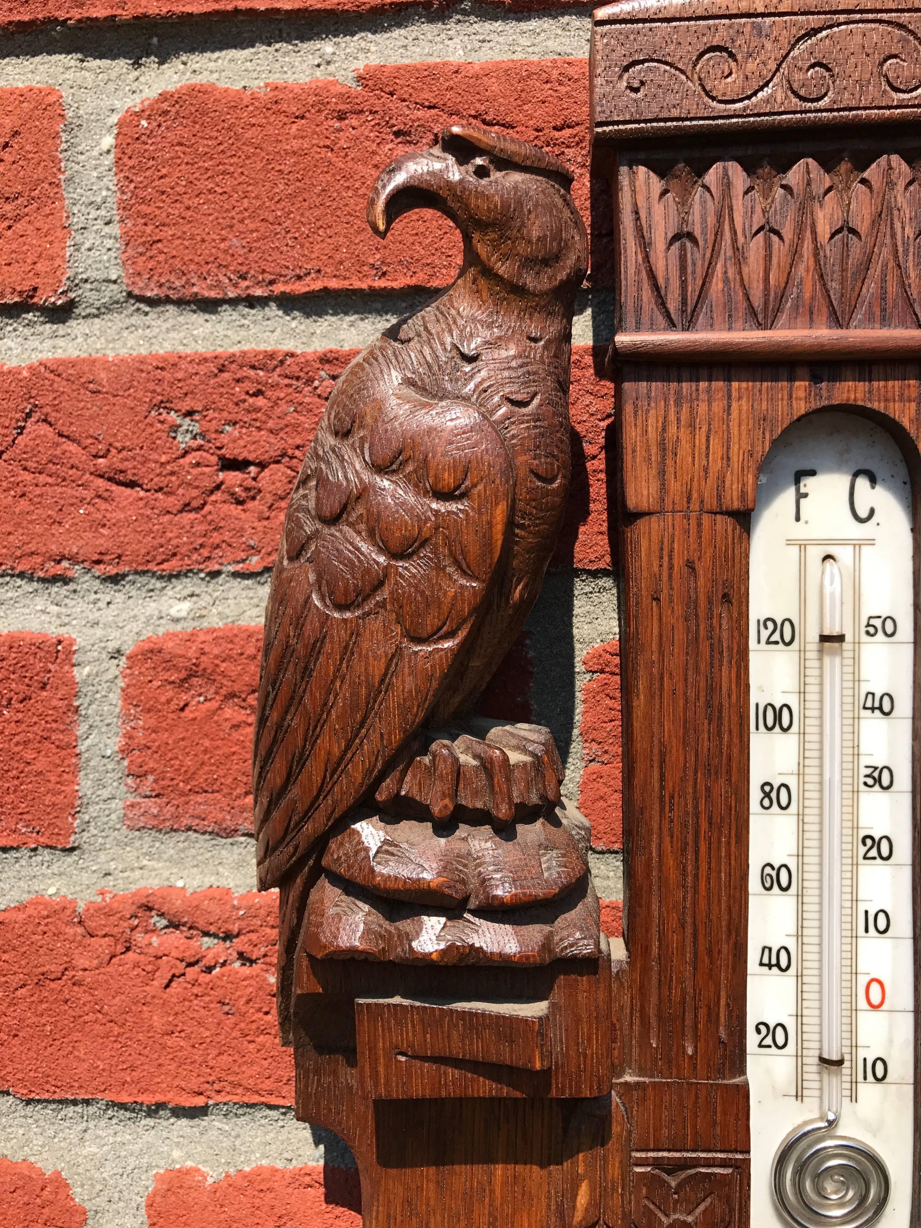 Highly decorative barometer and thermometer.

This handcrafted and sizeable barometer is another Fine piece of craftsmanship from the turn of the century. This early 20th century piece is all carved out of solid oak and it has a wonderful patina.