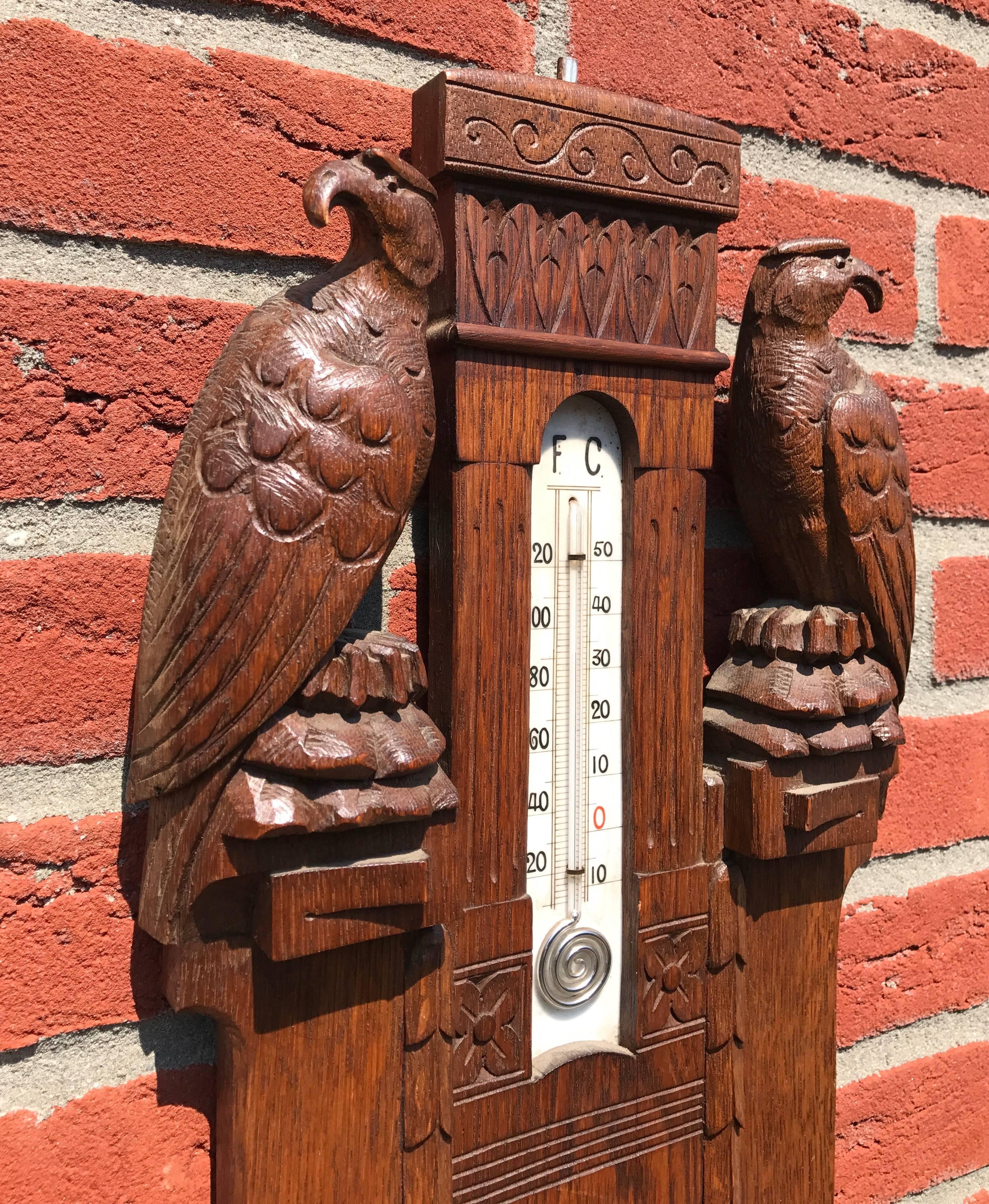 Wood Unique Arts & Crafts Hand Carved Wall Barometer with Eagle Sculptures