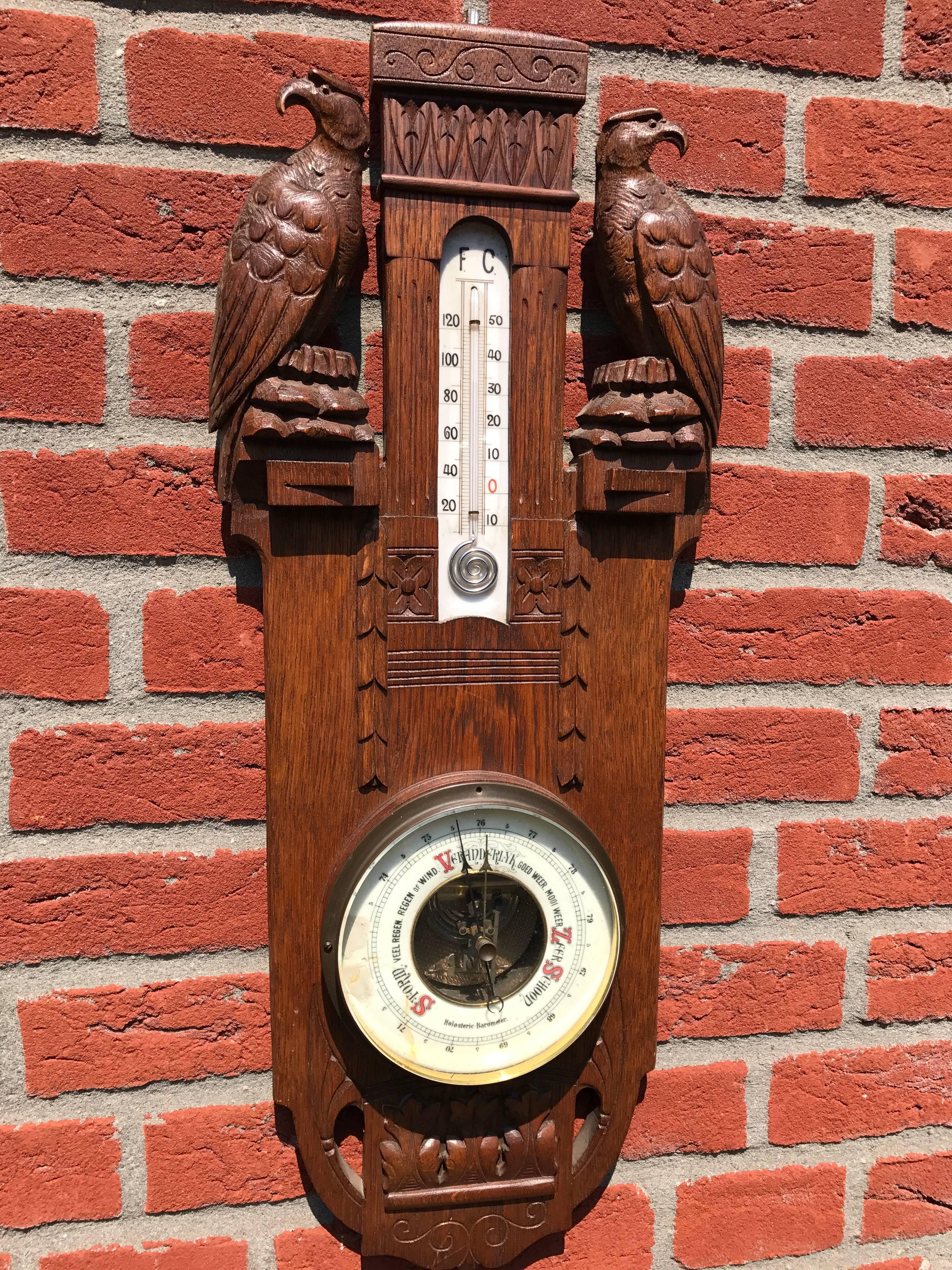 Unique Arts & Crafts Hand Carved Wall Barometer with Eagle Sculptures 1
