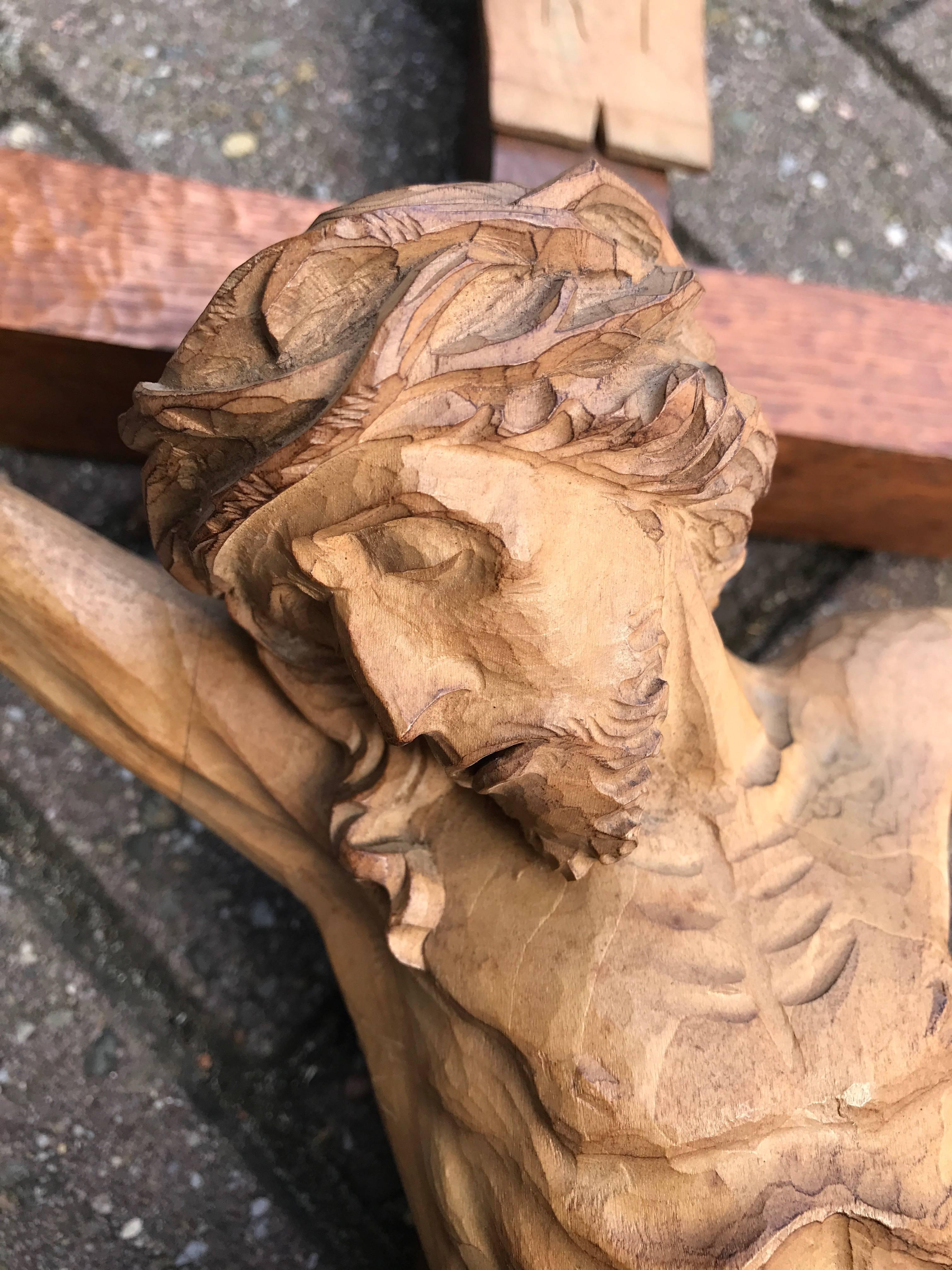 Hand-Carved Large and Detailed Early 1900s Carved Wall Crucifix, Corpus of Christ