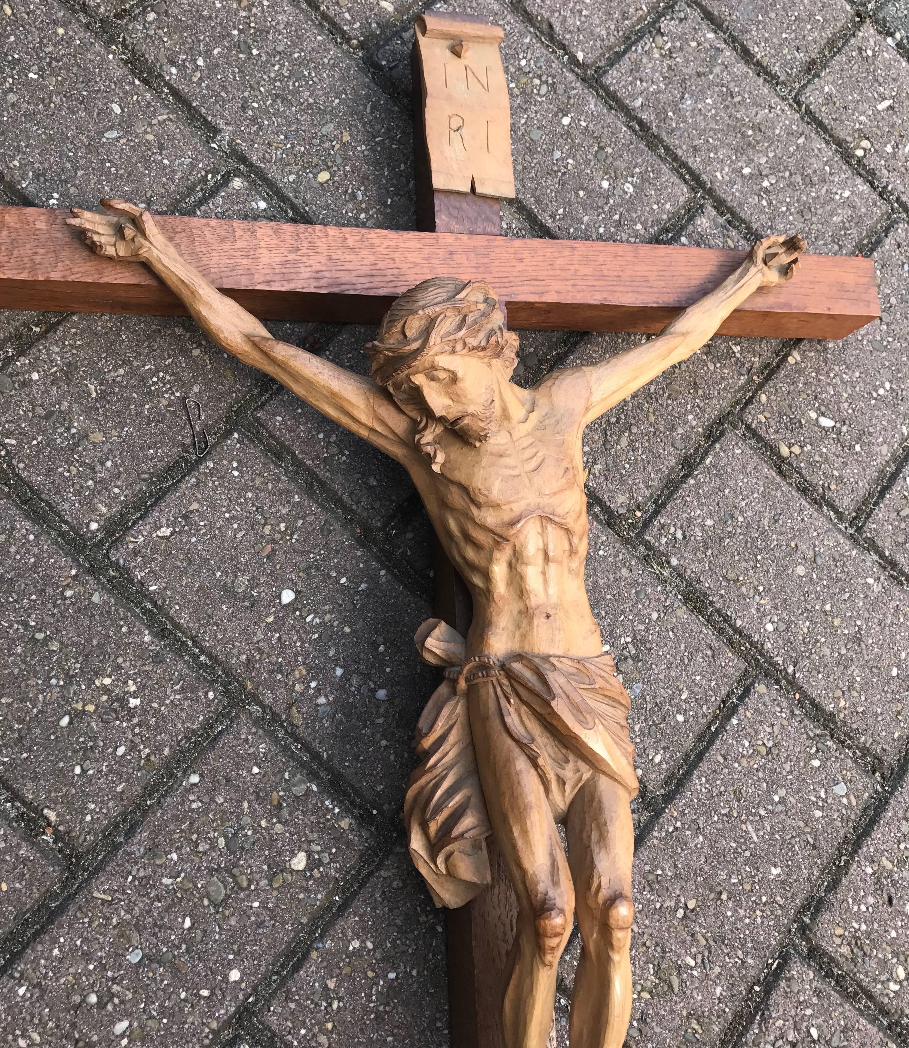 Wood Large and Detailed Early 1900s Carved Wall Crucifix, Corpus of Christ
