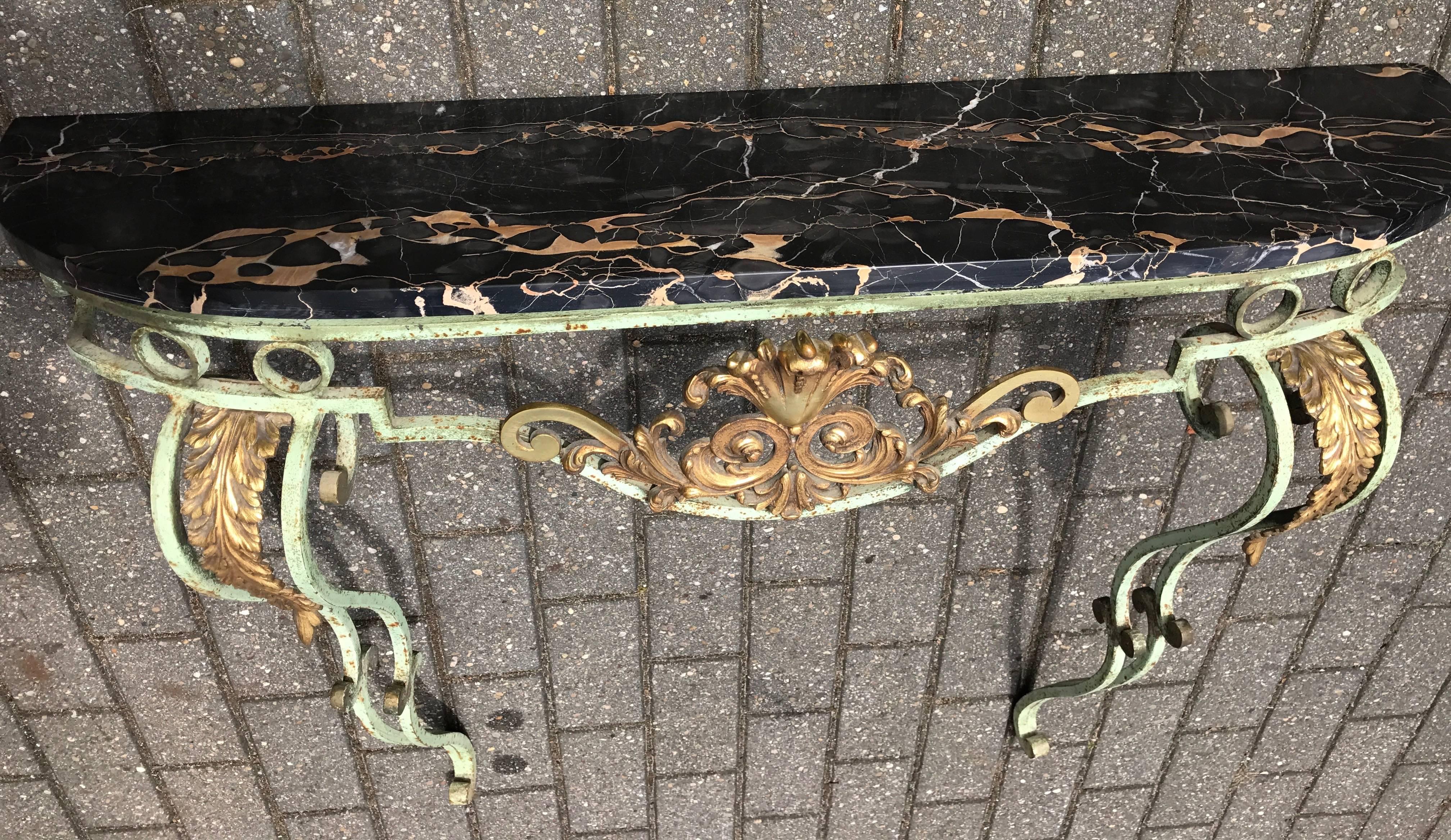 Forged 1920s French Marble Top Wrought Iron Console Table with Gilt Bronze Ornaments