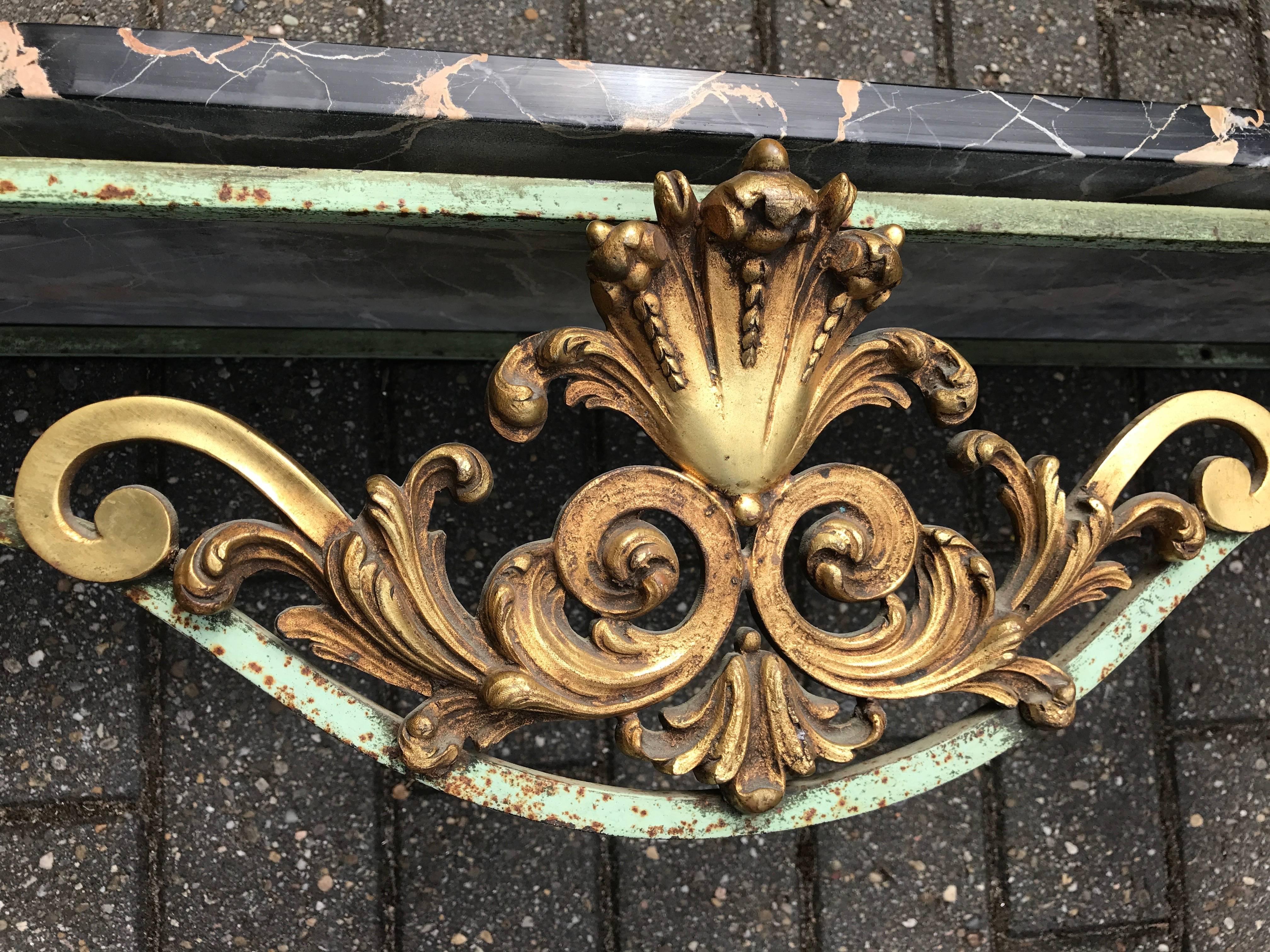 1920s French Marble Top Wrought Iron Console Table with Gilt Bronze Ornaments 1