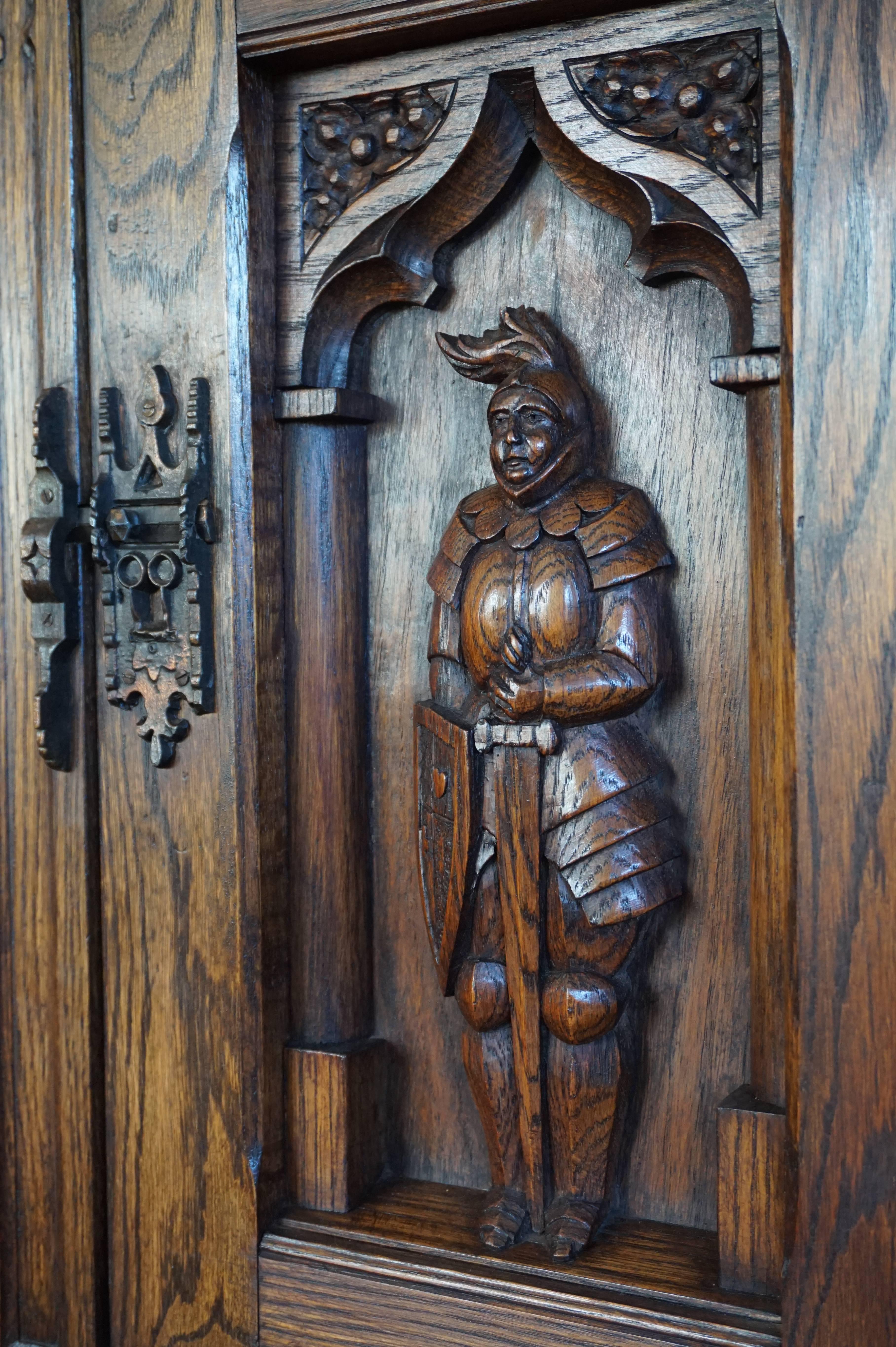 Wood Gothic Revival Oak Dry Bar / Hallway Cabinet with Carved Knight & Cast Iron Lock