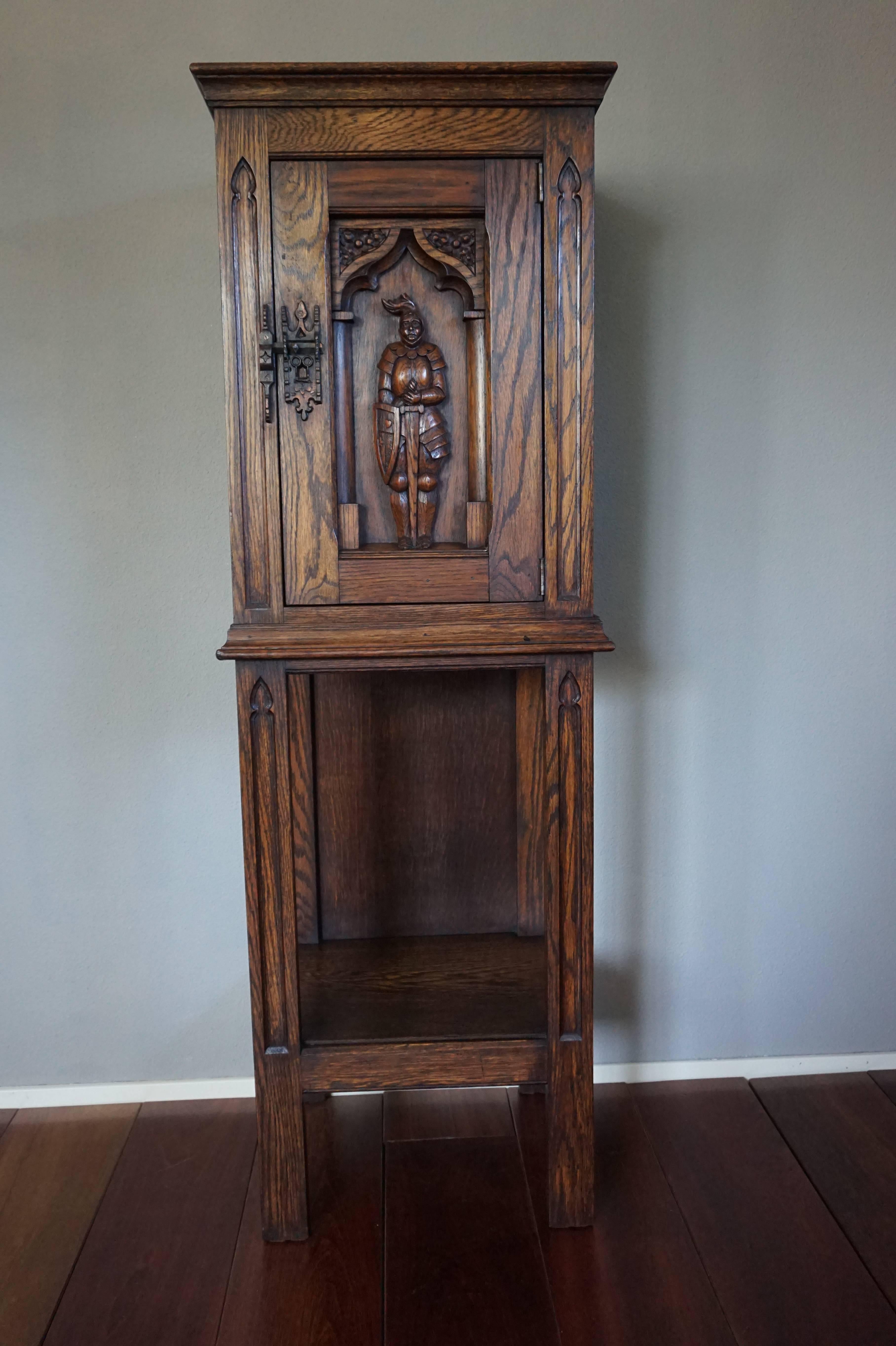 Gothic Revival Oak Dry Bar / Hallway Cabinet with Carved Knight & Cast Iron Lock 2