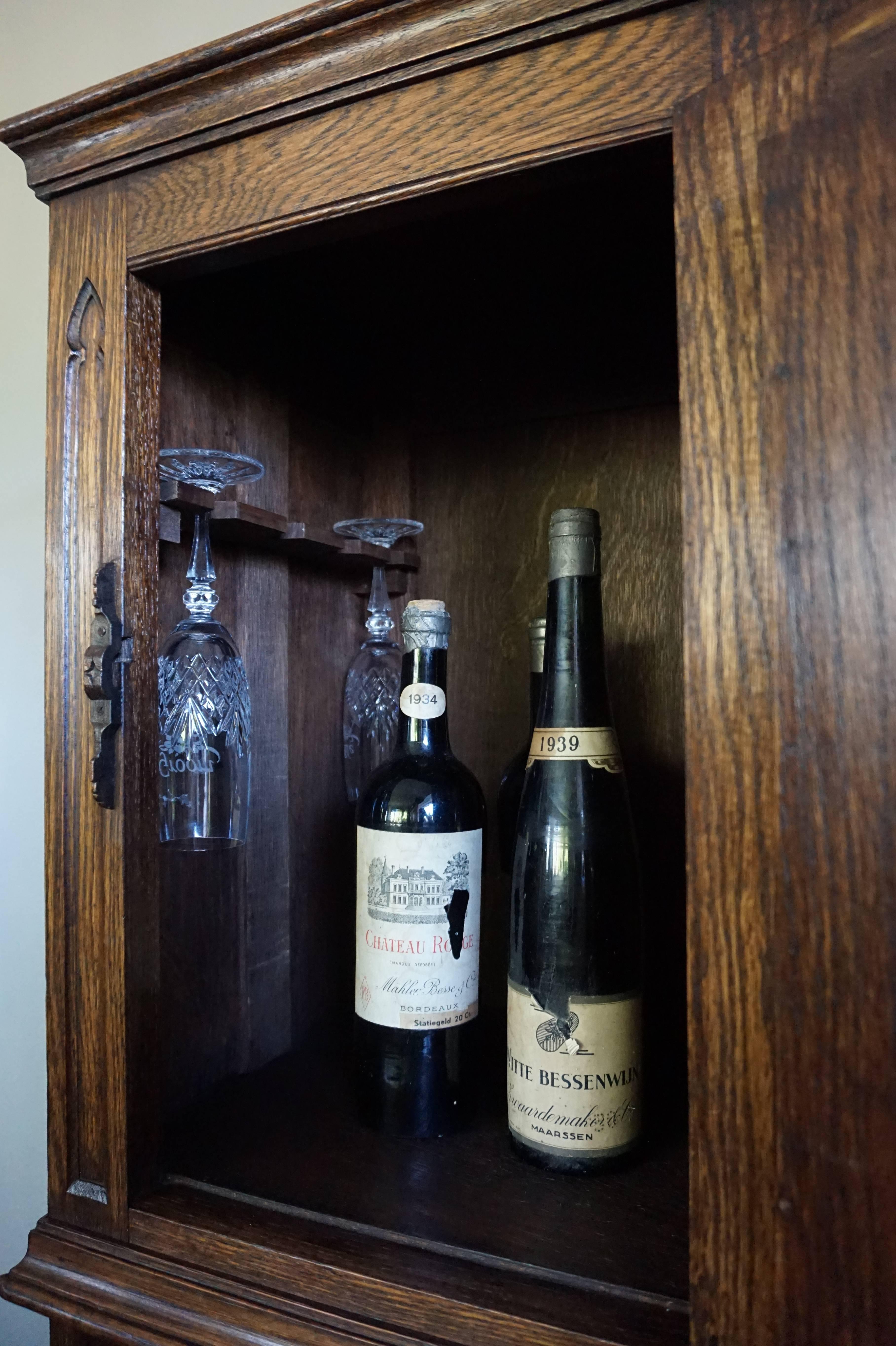 20th Century Gothic Revival Oak Dry Bar / Hallway Cabinet with Carved Knight & Cast Iron Lock