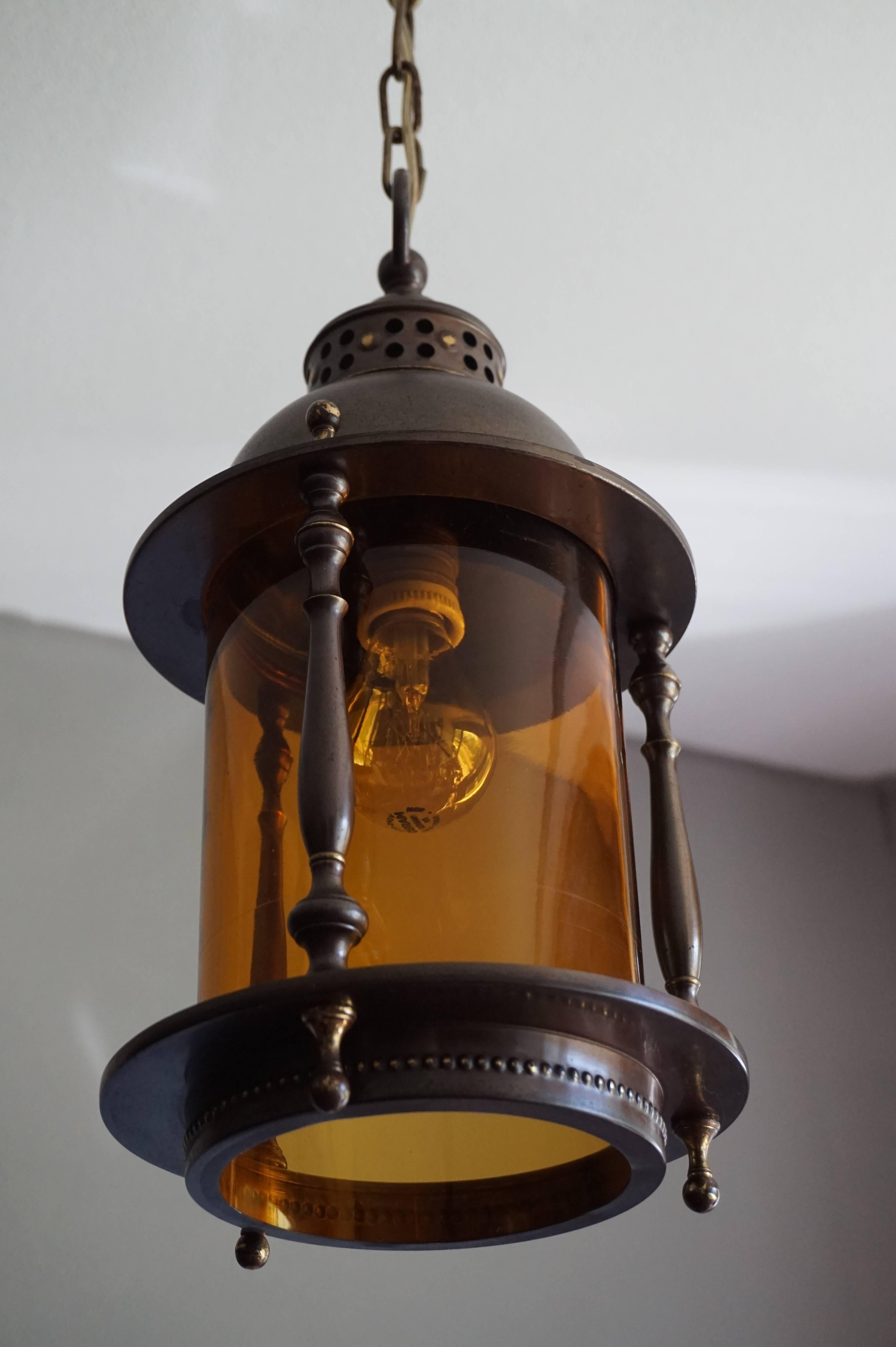 Arts and Crafts Brass and Amber Glass Pendant / Entrance Ceiling Lamp In Excellent Condition In Lisse, NL