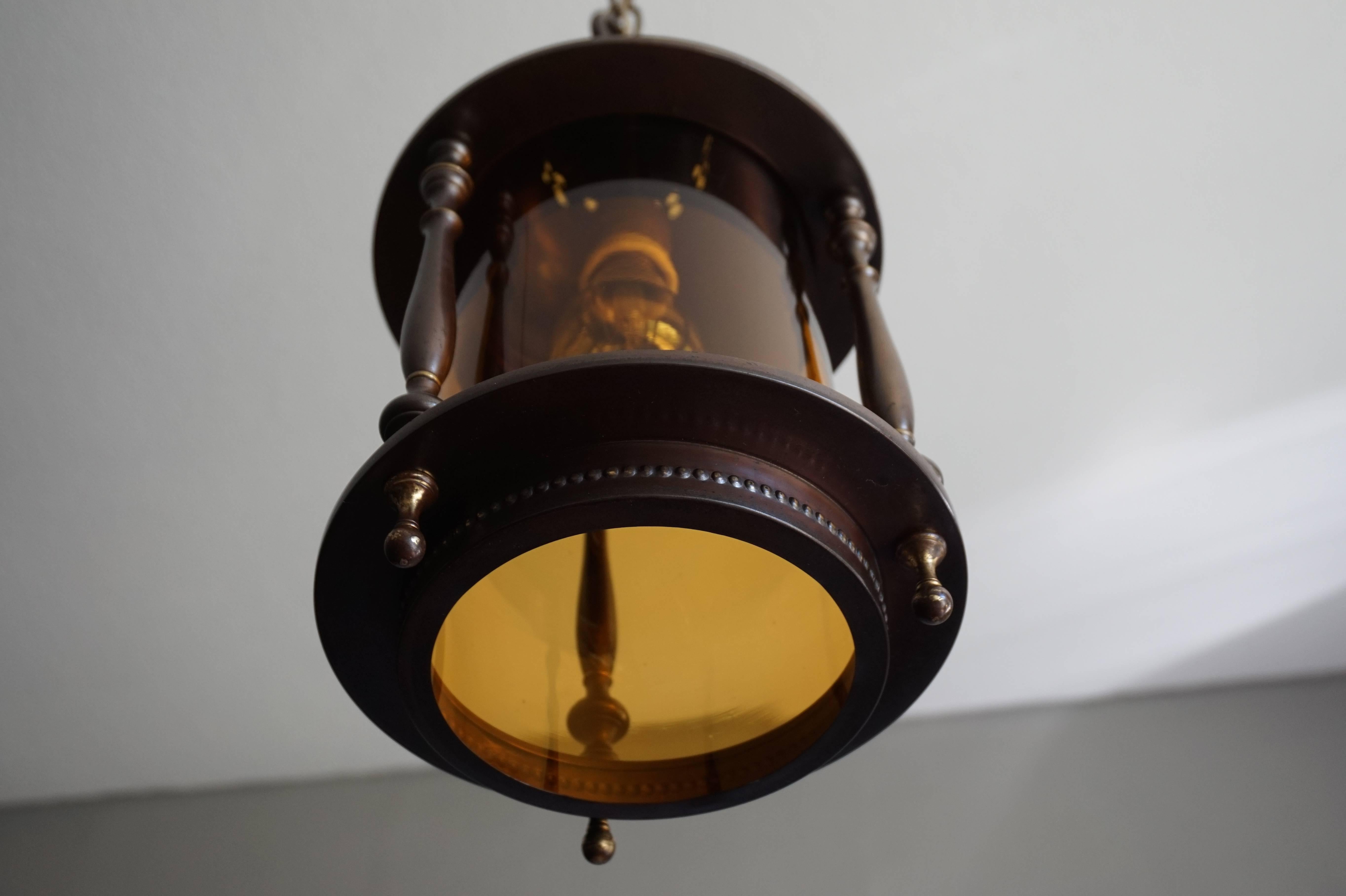 European Arts and Crafts Brass and Amber Glass Pendant / Entrance Ceiling Lamp