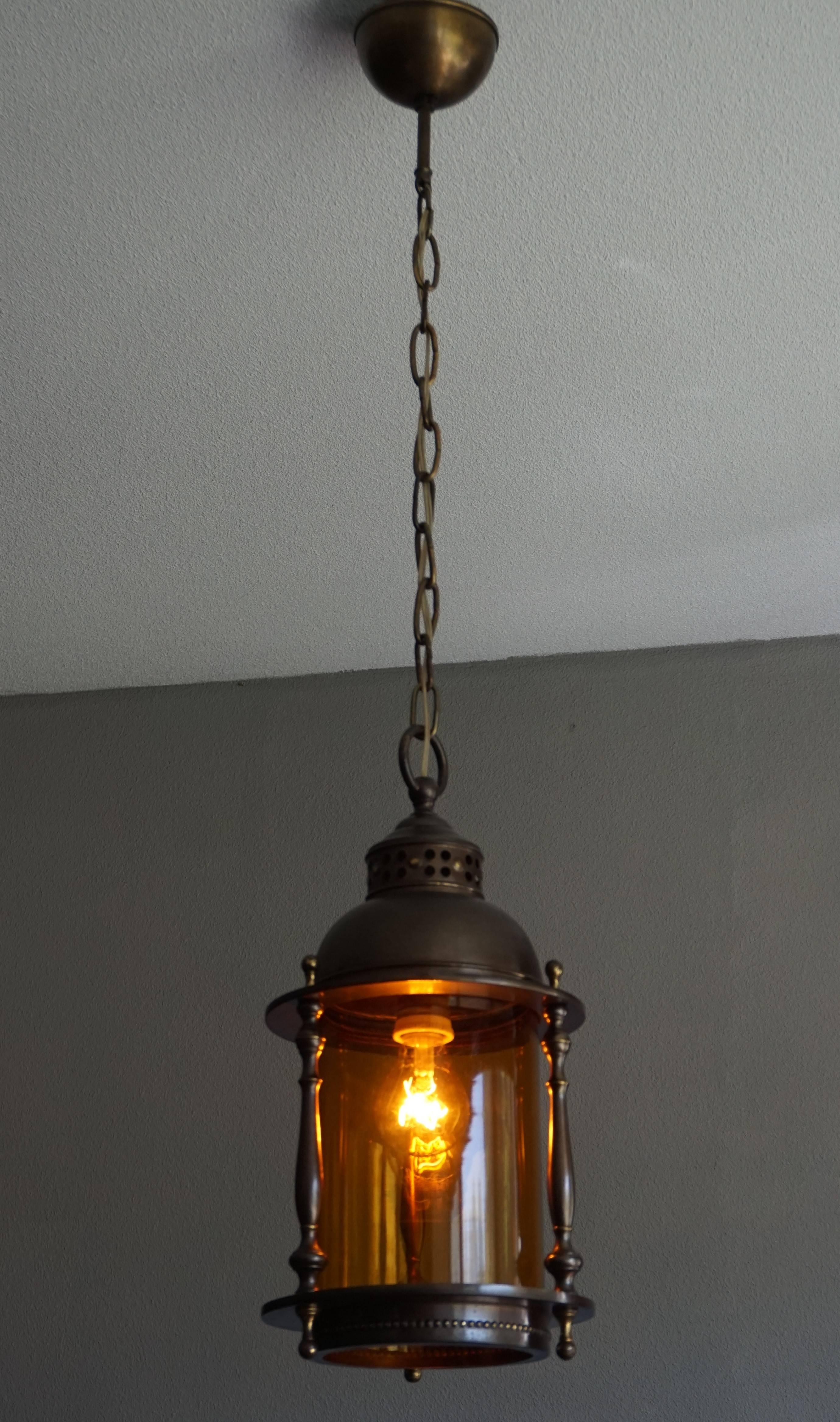 Arts and Crafts Brass and Amber Glass Pendant / Entrance Ceiling Lamp 2