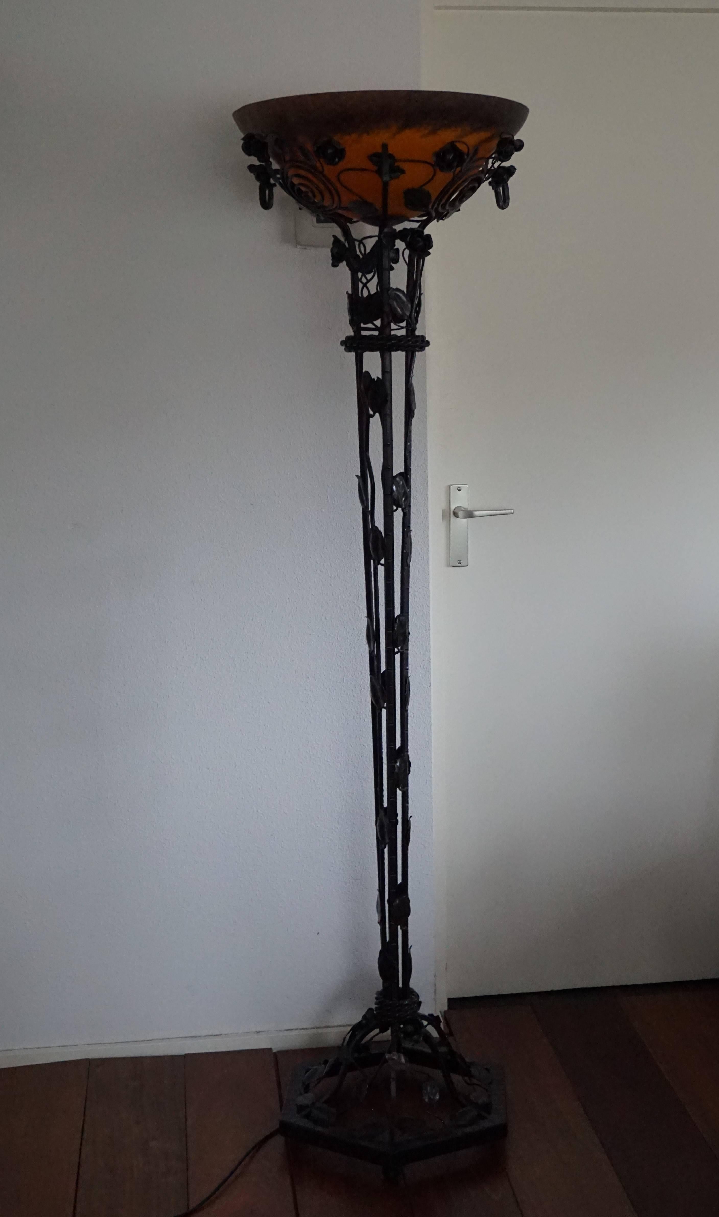 Art Nouveau Style Flower like Wrought Iron Floor Lamp & Pate De Verre Lamp Shade 3