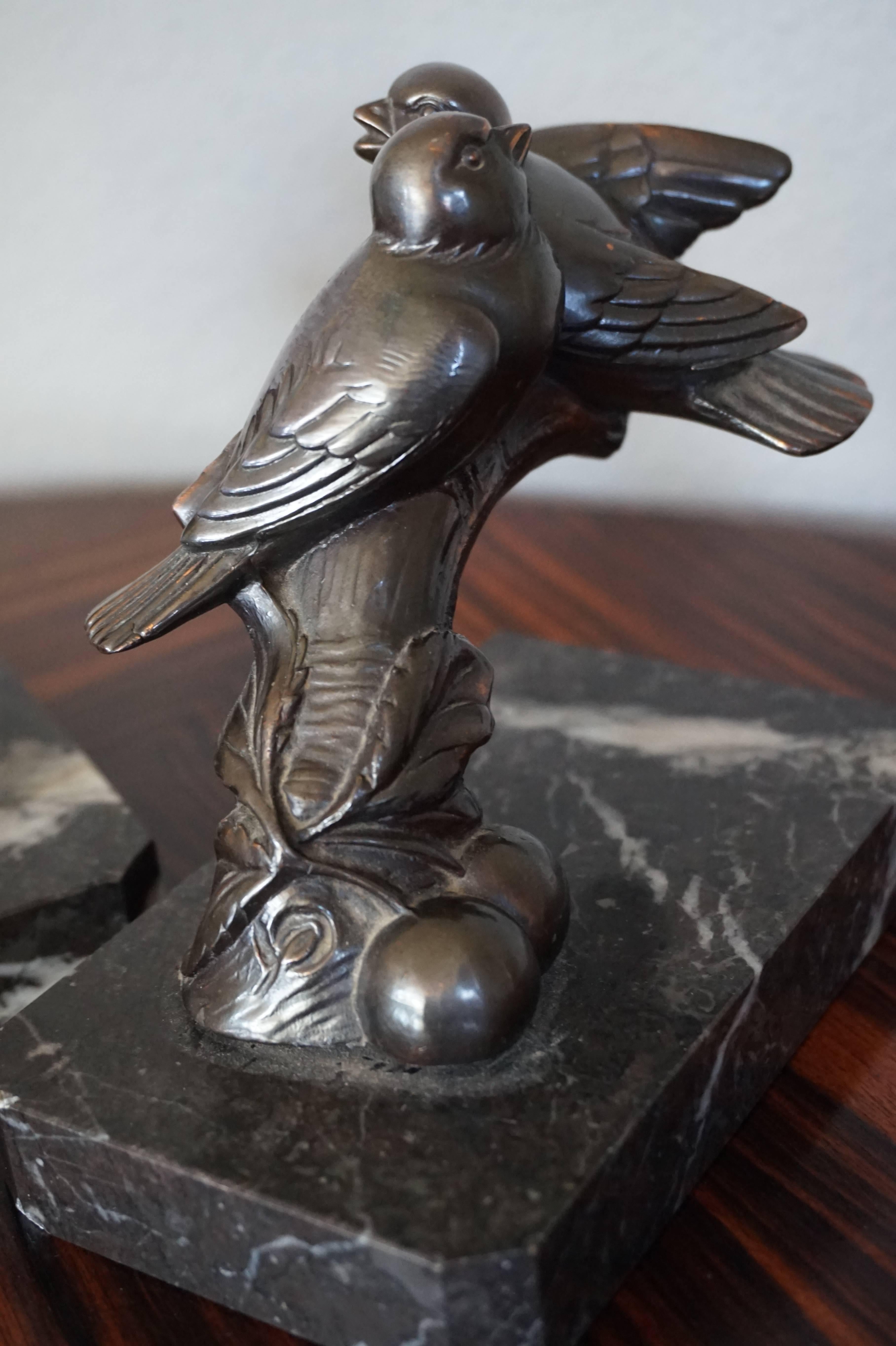 Bronzed Early 20th Century Art Deco Sparrow Bookends Signed 'Balles' with Marble Base