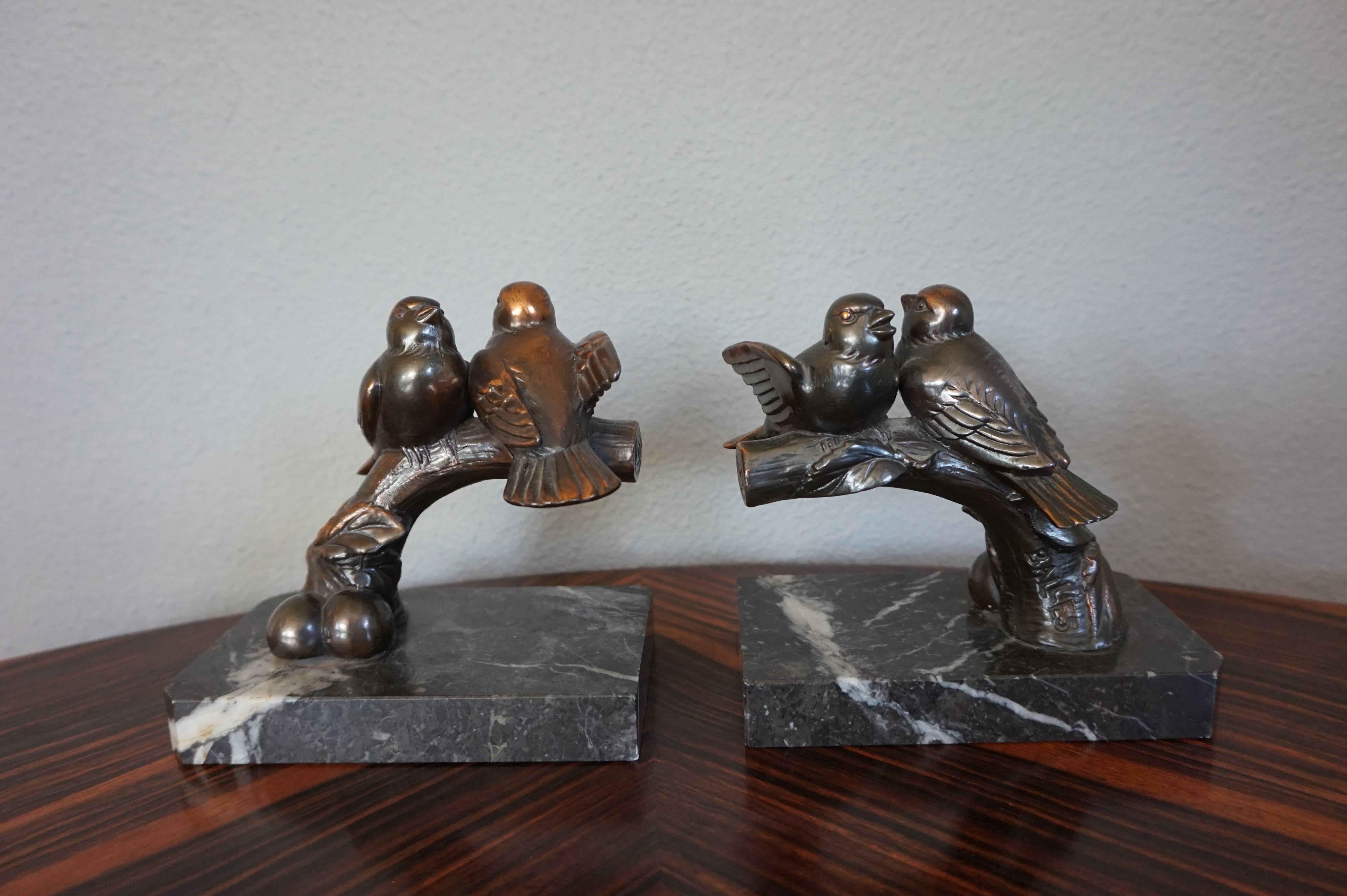 Early 20th Century Art Deco Sparrow Bookends Signed 'Balles' with Marble Base 3