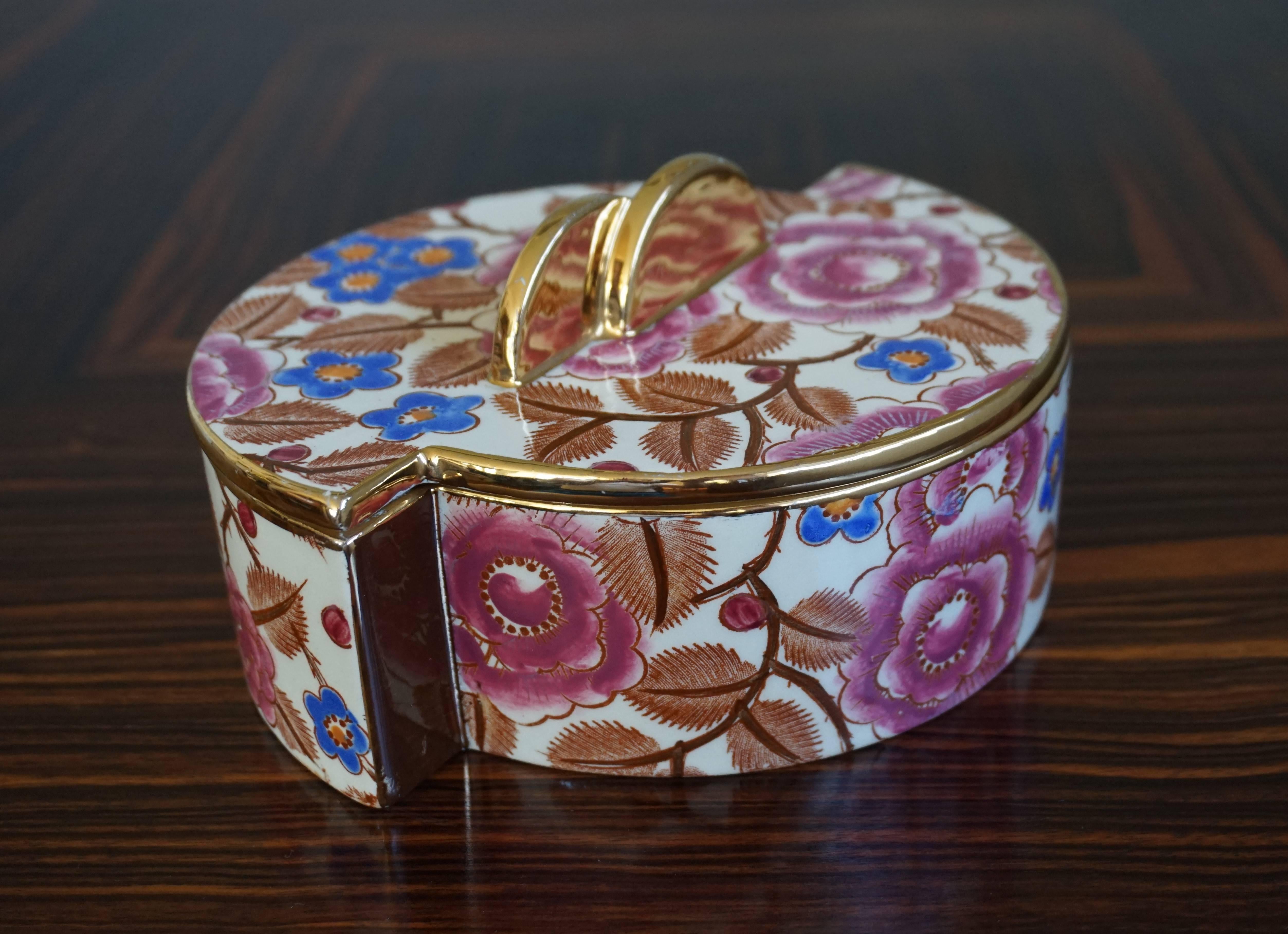 Ceramic Art Deco Box with Lid by Raymond Chevalier for Boch La Louviere Floral Design For Sale