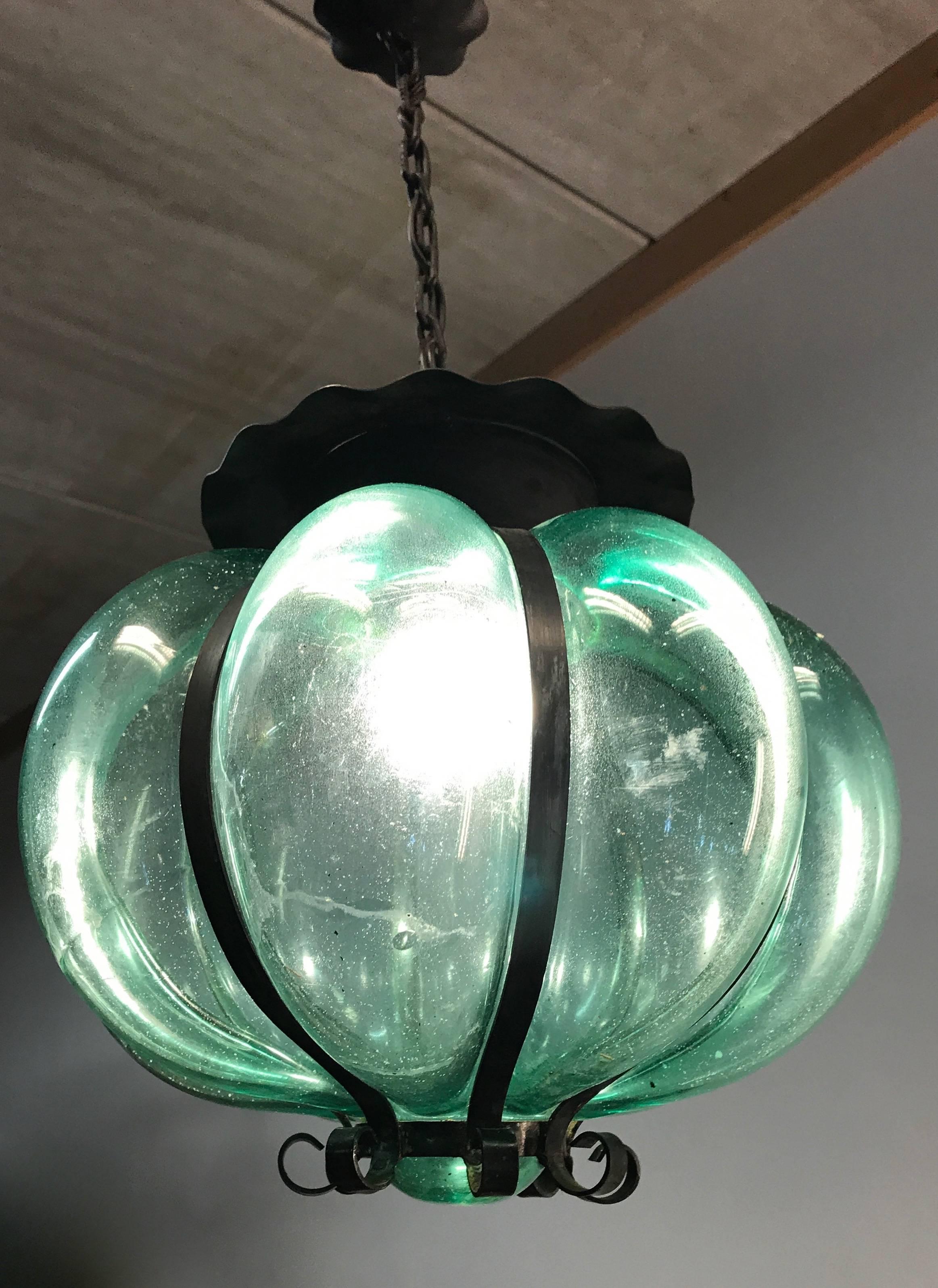 Hand-Crafted Vintage Mouth Blown Thick Glass Venetian Style Pendant Light Ceiling Fixture