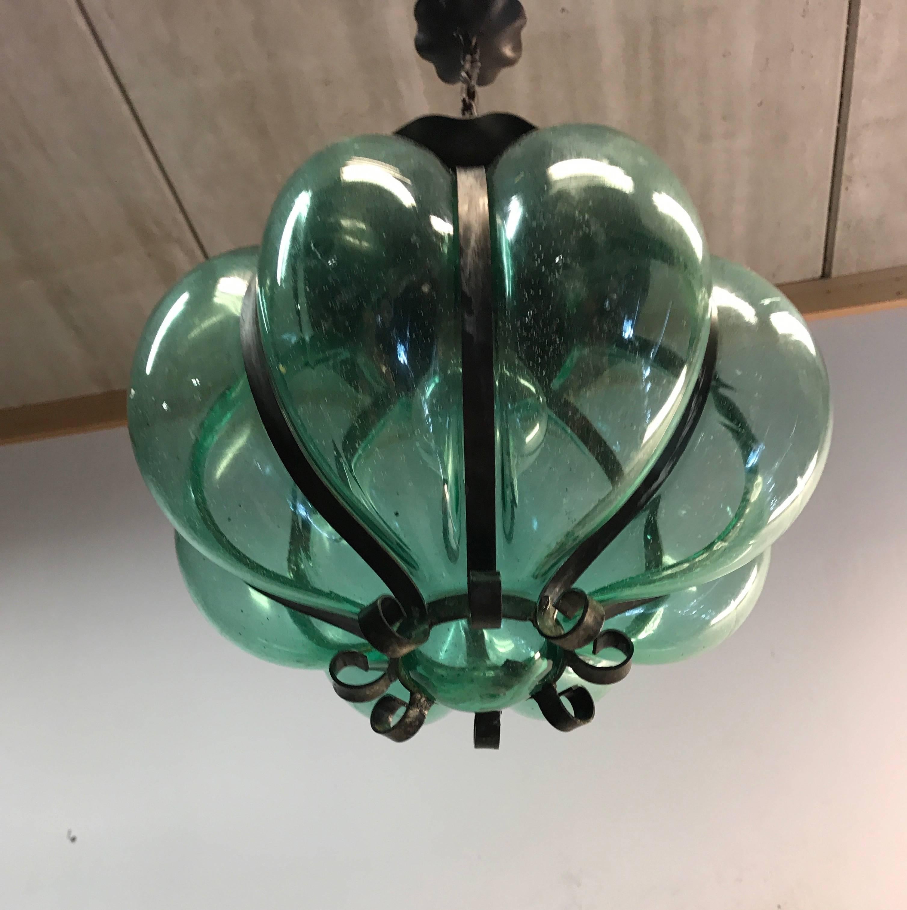 Vintage Mouth Blown Thick Glass Venetian Style Pendant Light Ceiling Fixture In Excellent Condition In Lisse, NL