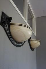 Large Pair of Art Deco Style Alabaster and Wrought Iron Wall Lamps or Sconces