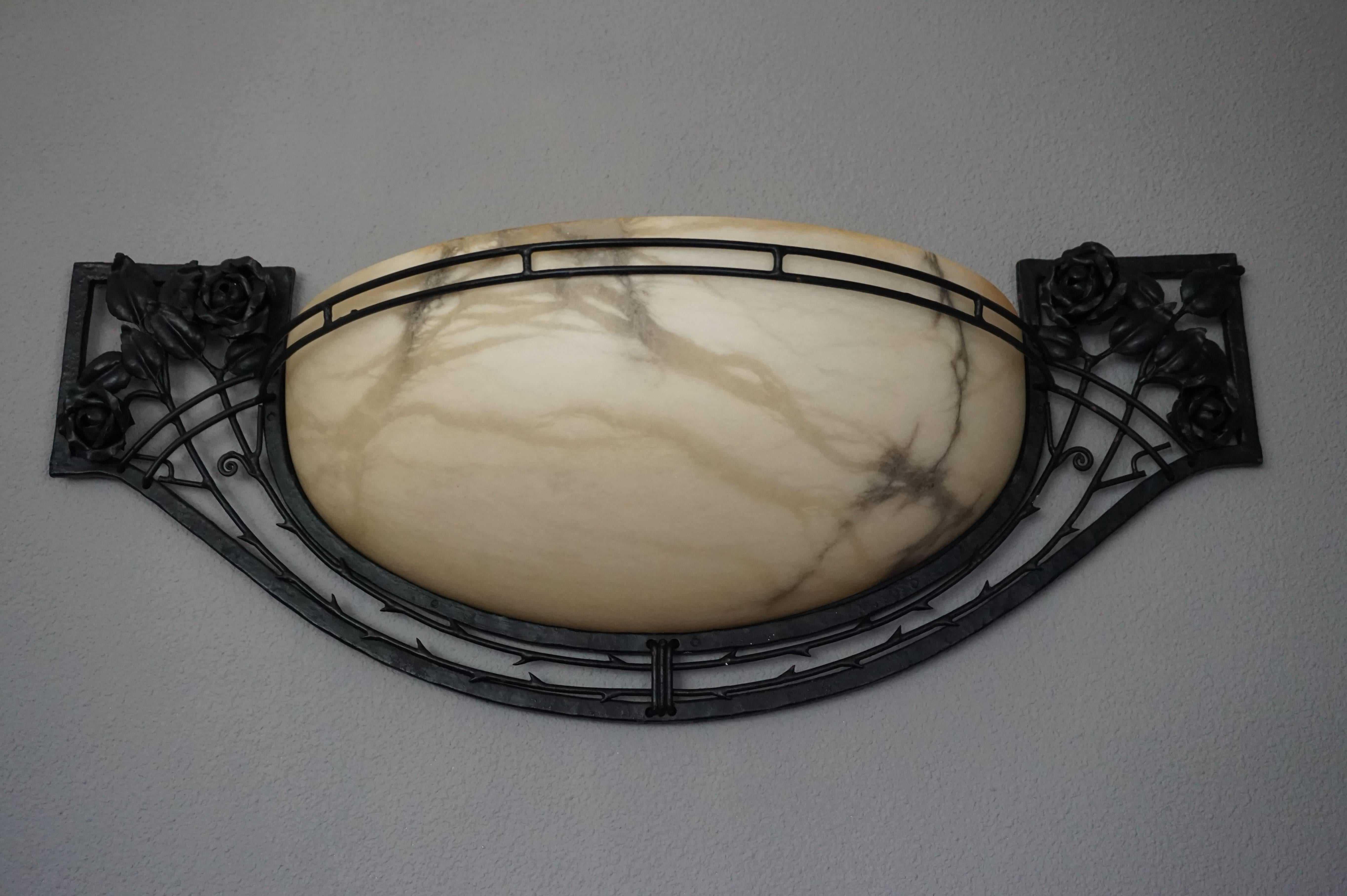 Italian Large Pair of Art Deco Style Alabaster and Wrought Iron Wall Lamps or Sconces