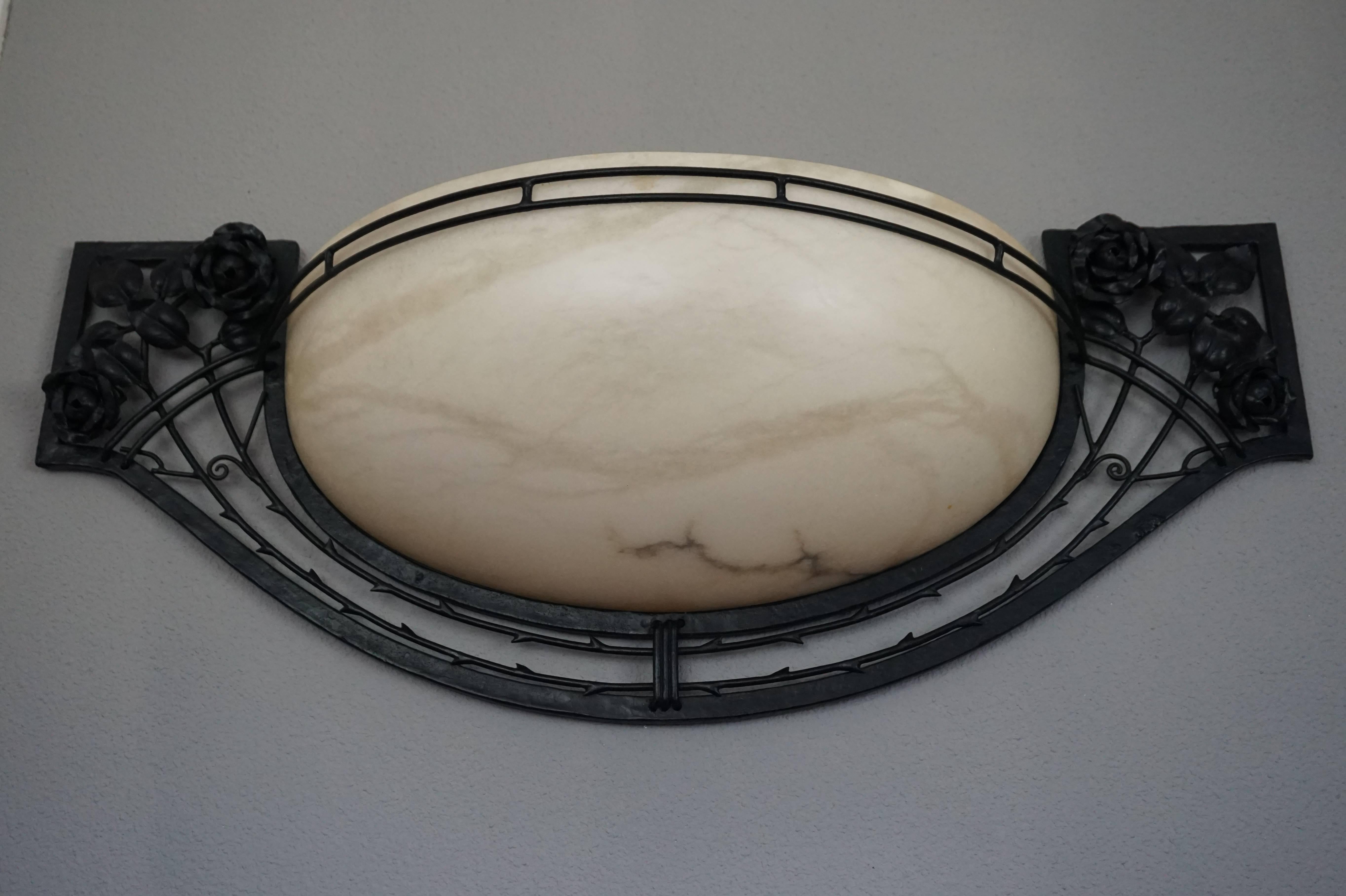 Hand-Crafted Large Pair of Art Deco Style Alabaster and Wrought Iron Wall Lamps or Sconces