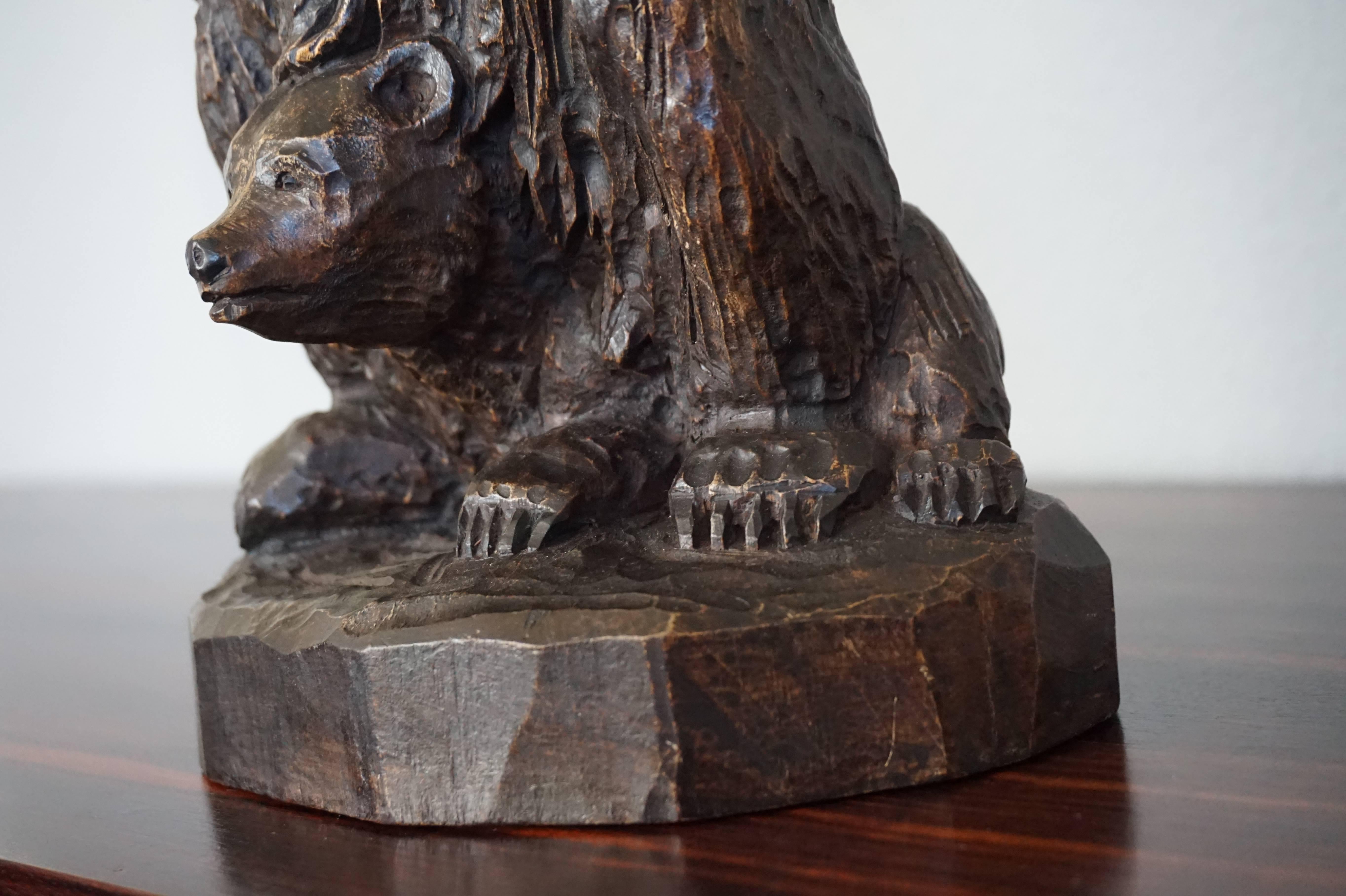 20th Century Antique Hand-Carved Standing Black Forest Bear & Sitting Baby Bear Cub Sculpture