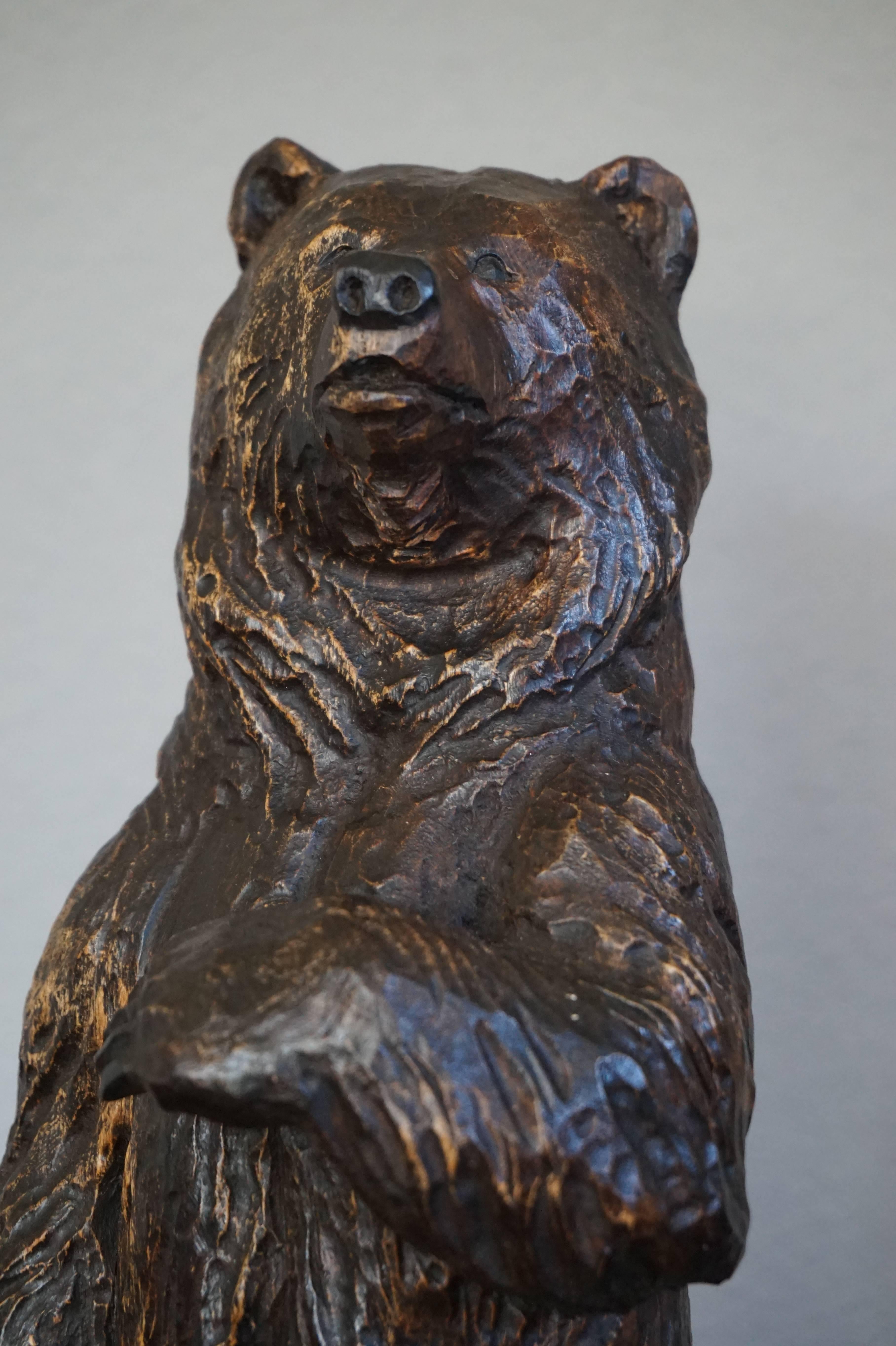 Wood Antique Hand-Carved Standing Black Forest Bear & Sitting Baby Bear Cub Sculpture