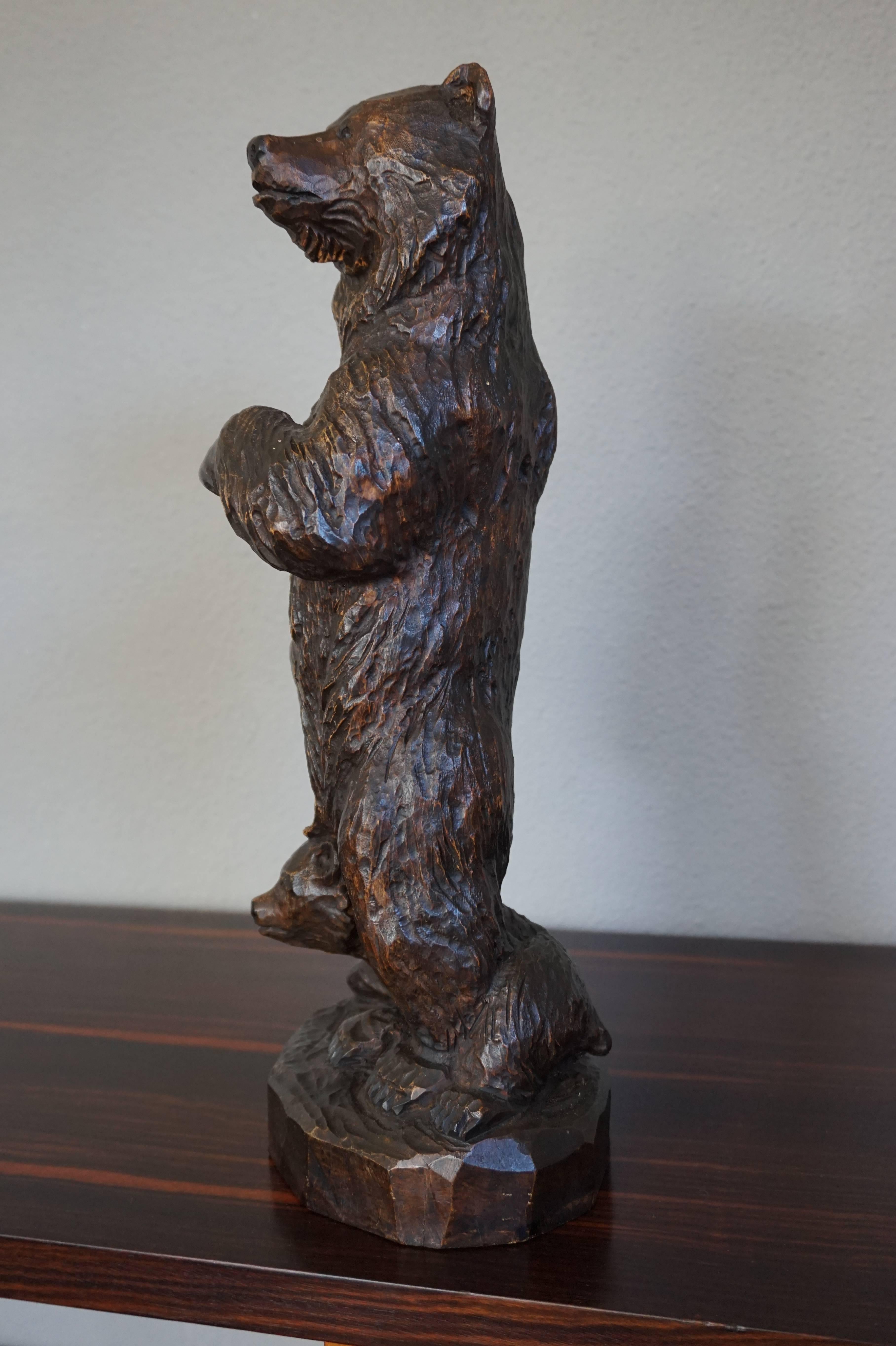 Antique Hand-Carved Standing Black Forest Bear & Sitting Baby Bear Cub Sculpture 1