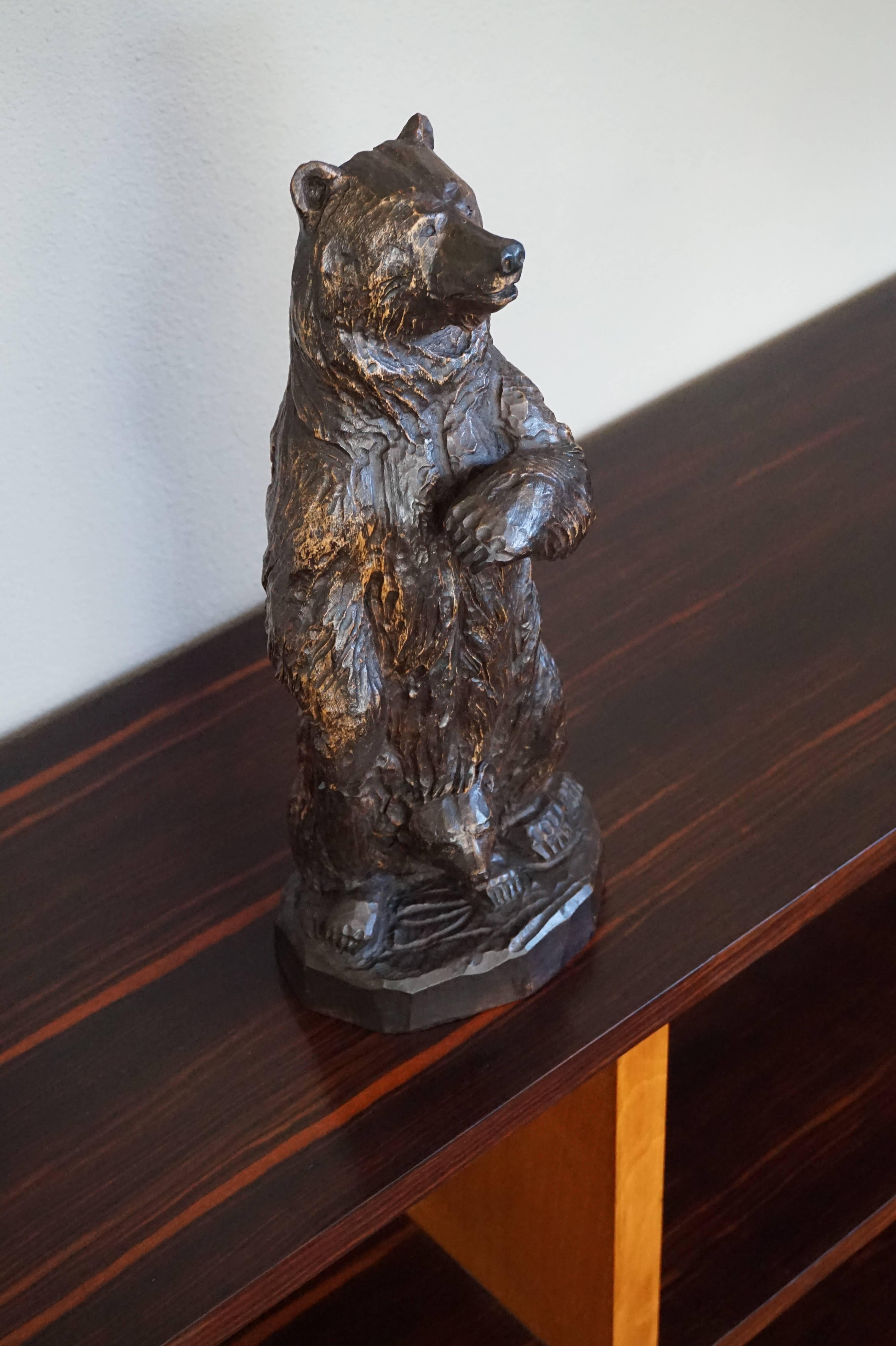 Antique Hand-Carved Standing Black Forest Bear & Sitting Baby Bear Cub Sculpture 2