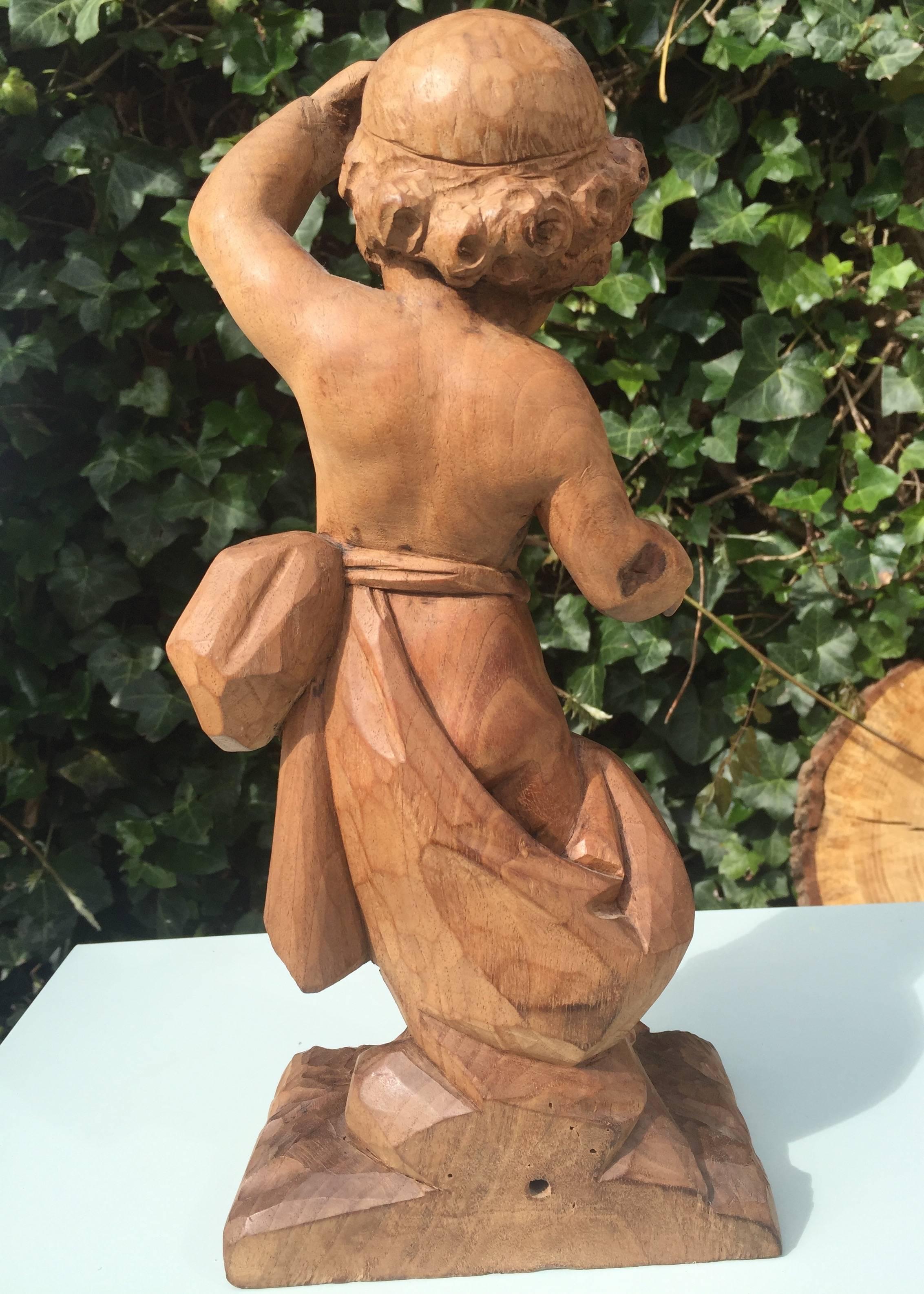 Early 19th Century French Hand-Carved Nutwood Putto Boy Sculpture For Sale 2