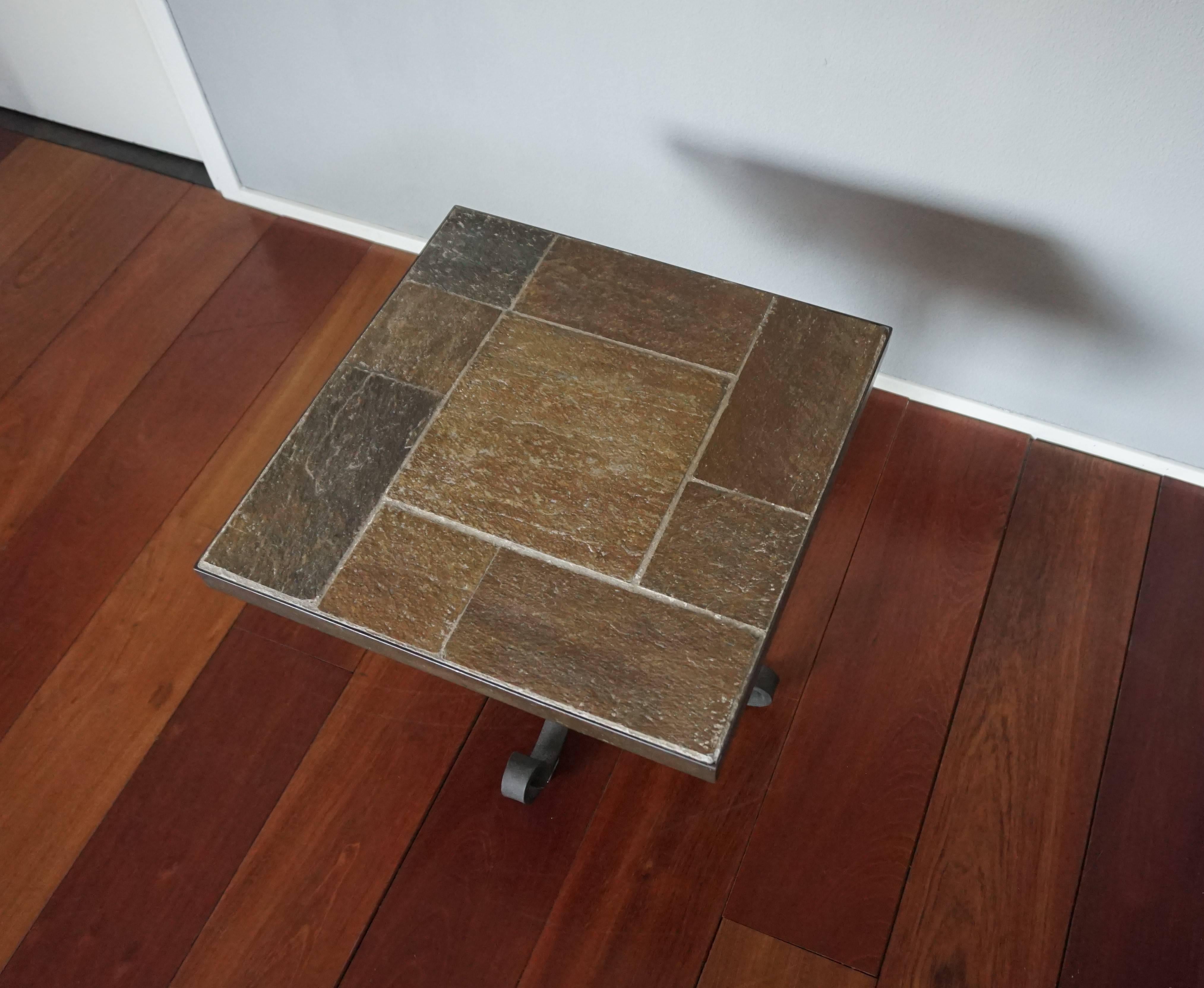 20th Century Unique Brutalist End or Coffee Table with Slate Stone Top & Wrought Iron Base For Sale