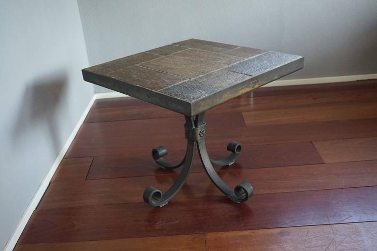 Unique Brutalist End or Coffee Table with Slate Stone Top and Wrought