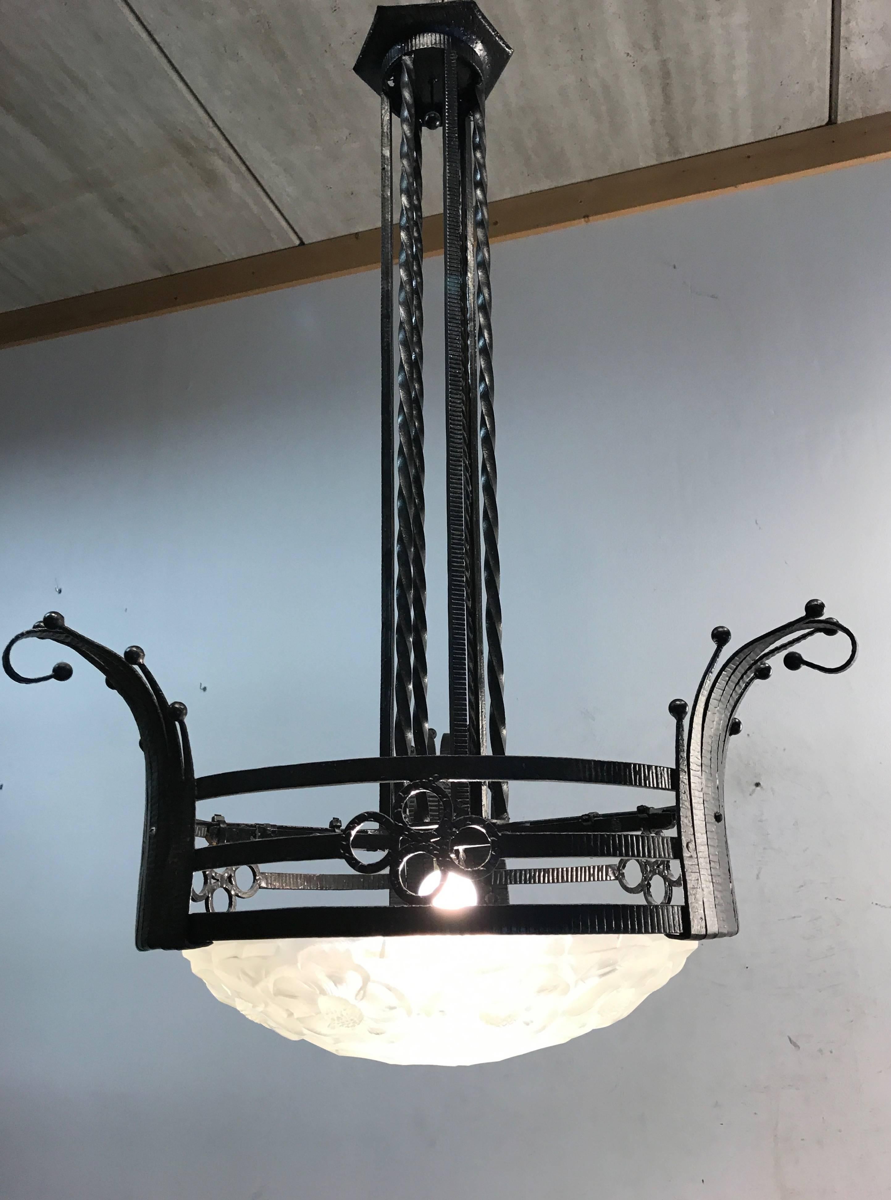 Forged Stunning French Art Deco Wrought Iron Pendant with Molded Glass Shade Marked Ros