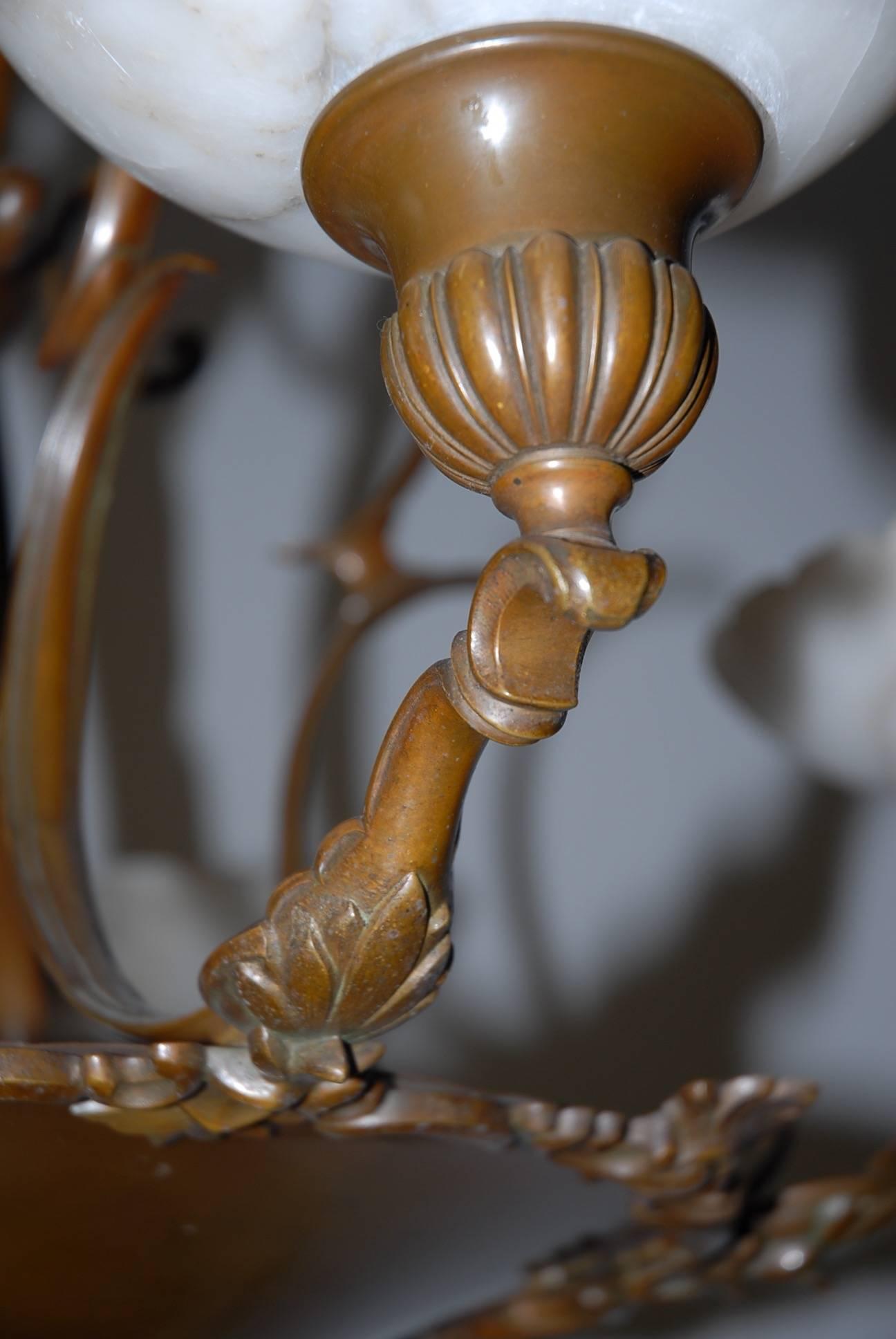Patinated Elegant Art Nouveau Bronze Five-Arm Pendant Light with Alabaster Shades