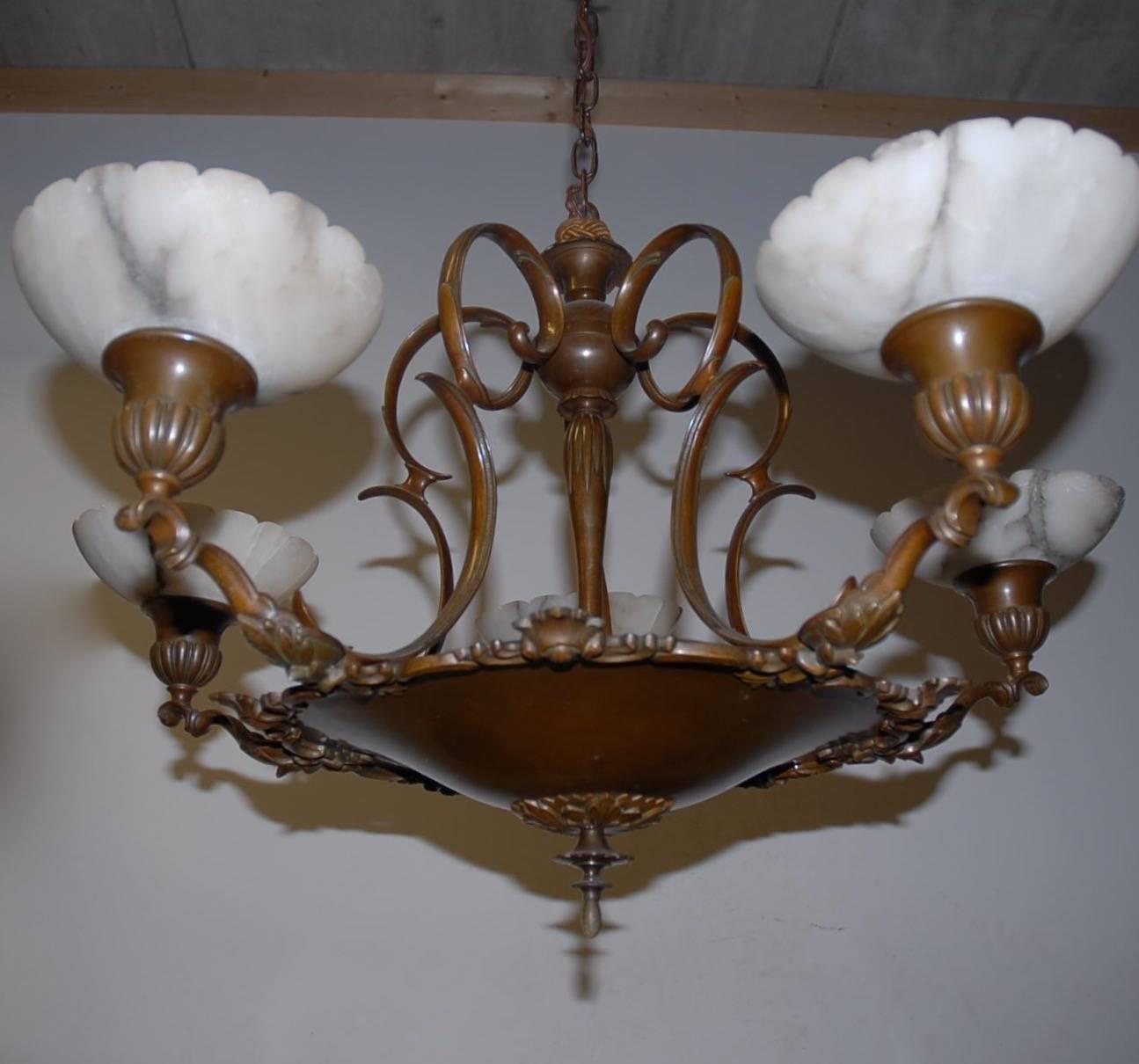 20th Century Elegant Art Nouveau Bronze Five-Arm Pendant Light with Alabaster Shades