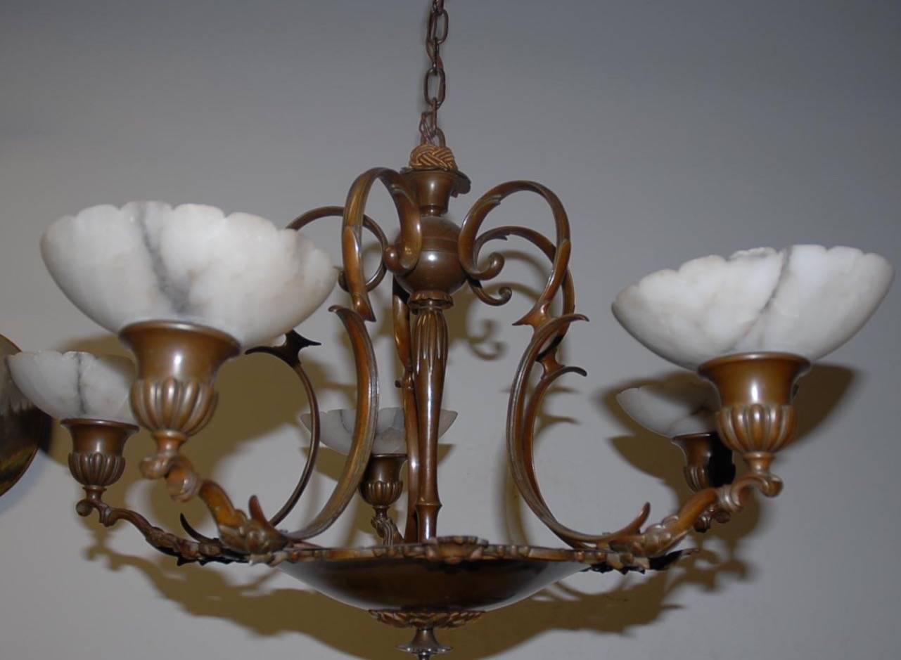 Elegant Art Nouveau Bronze Five-Arm Pendant Light with Alabaster Shades 1