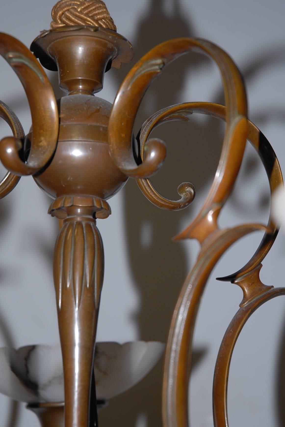 Elegant Art Nouveau Bronze Five-Arm Pendant Light with Alabaster Shades 2
