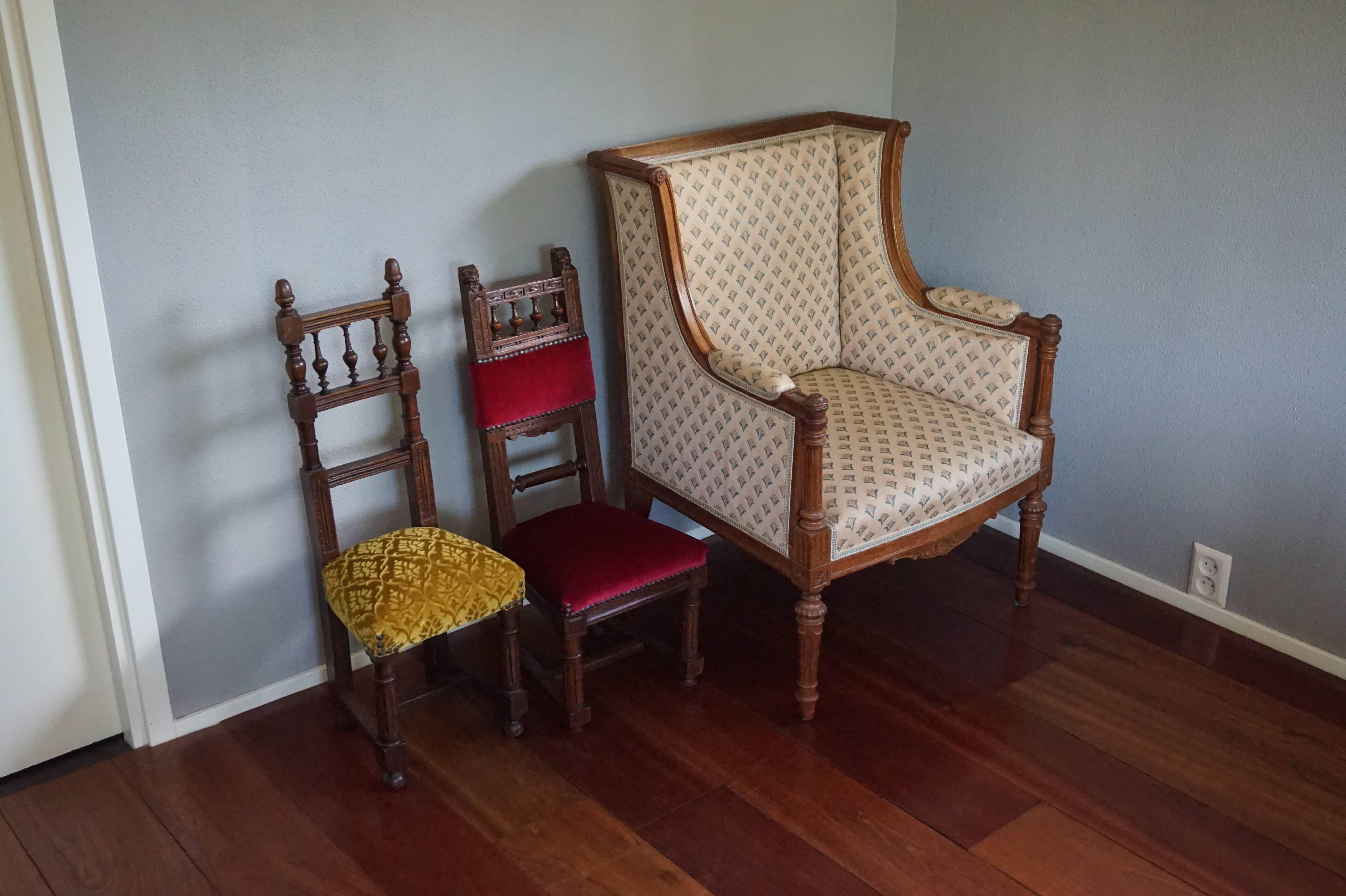 Cute and very decorative 'pair' of handcrafted chairs for small children.

Antique children's chairs always bring a smile to our face and when they are in this striking condition it is hard for us to not buy them. When they are in this pristeen