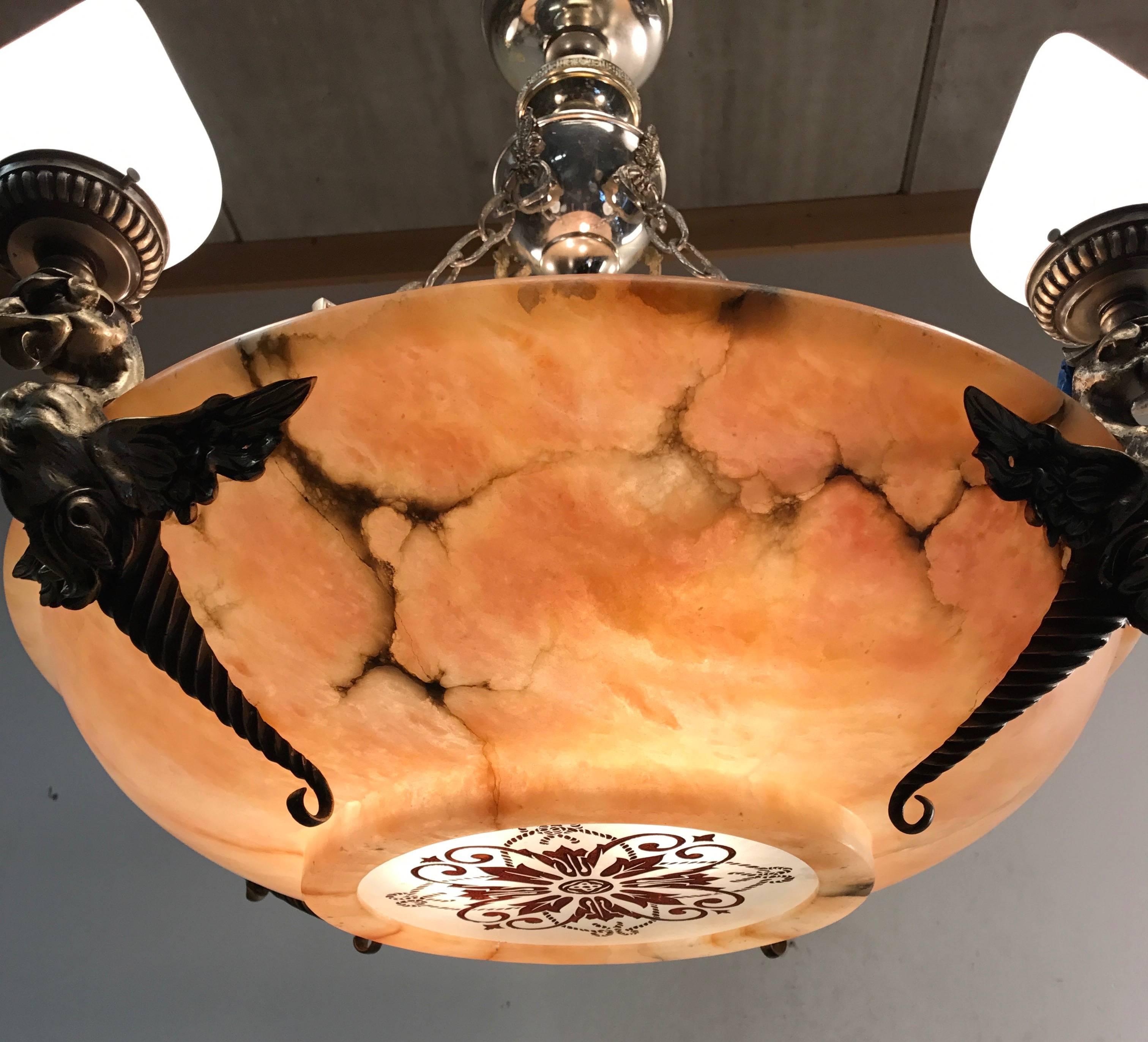 Art Deco Period Large Alabaster Pendant Ceiling Light w Mythological Sculptures In Good Condition In Lisse, NL