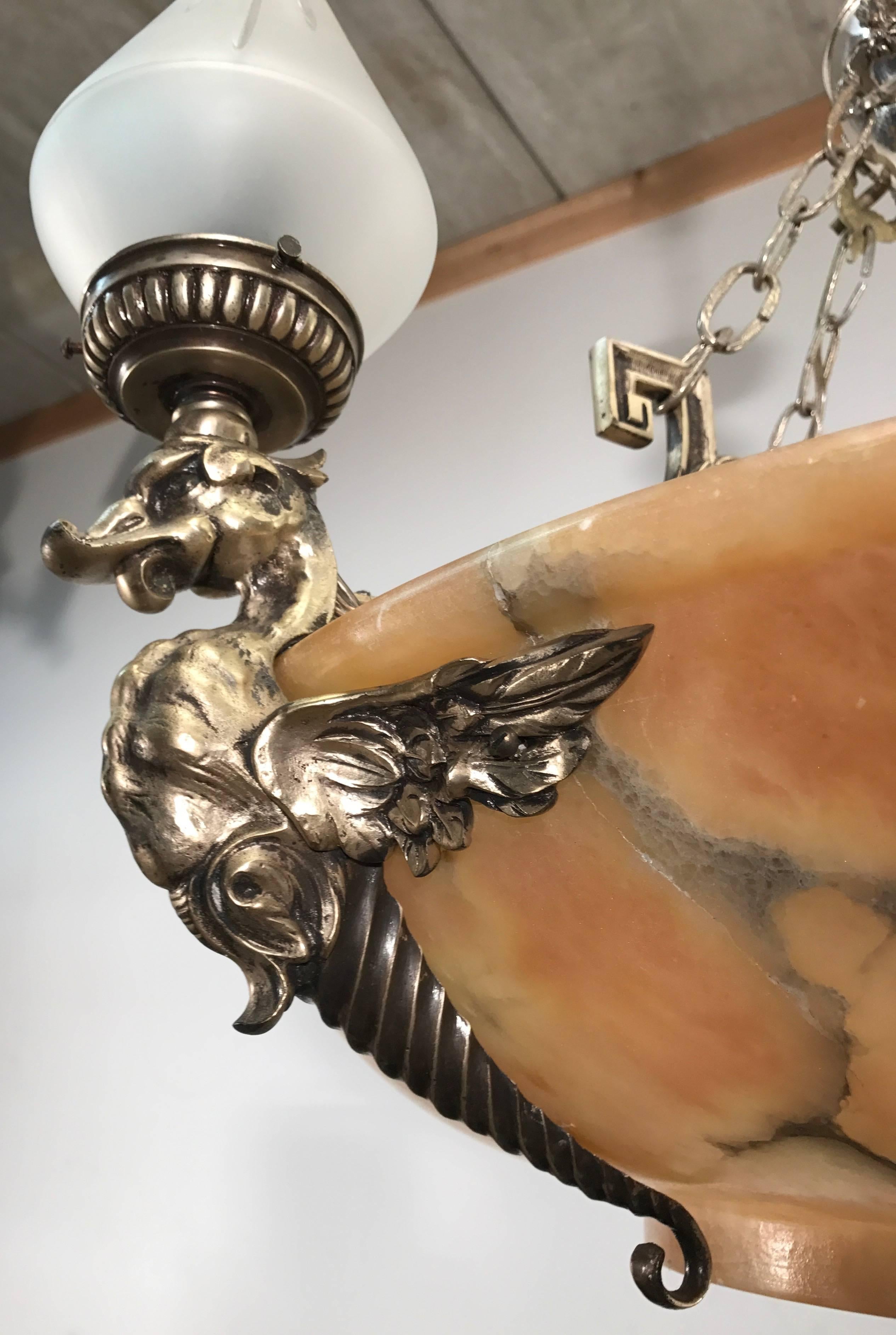 Glass Art Deco Period Large Alabaster Pendant Ceiling Light w Mythological Sculptures