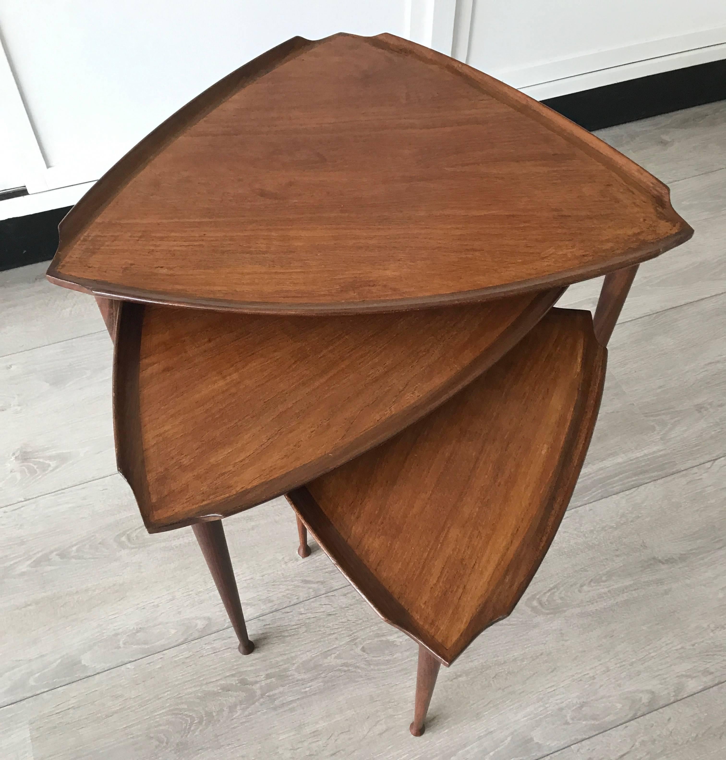 20th Century Mid-Century Modern Danish Teak Guitar Pick Triangle Nest of Tables Vintage Set