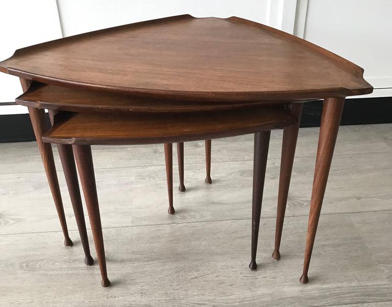 MidCentury Modern Danish Teak Guitar Pick Triangle Nest of Tables