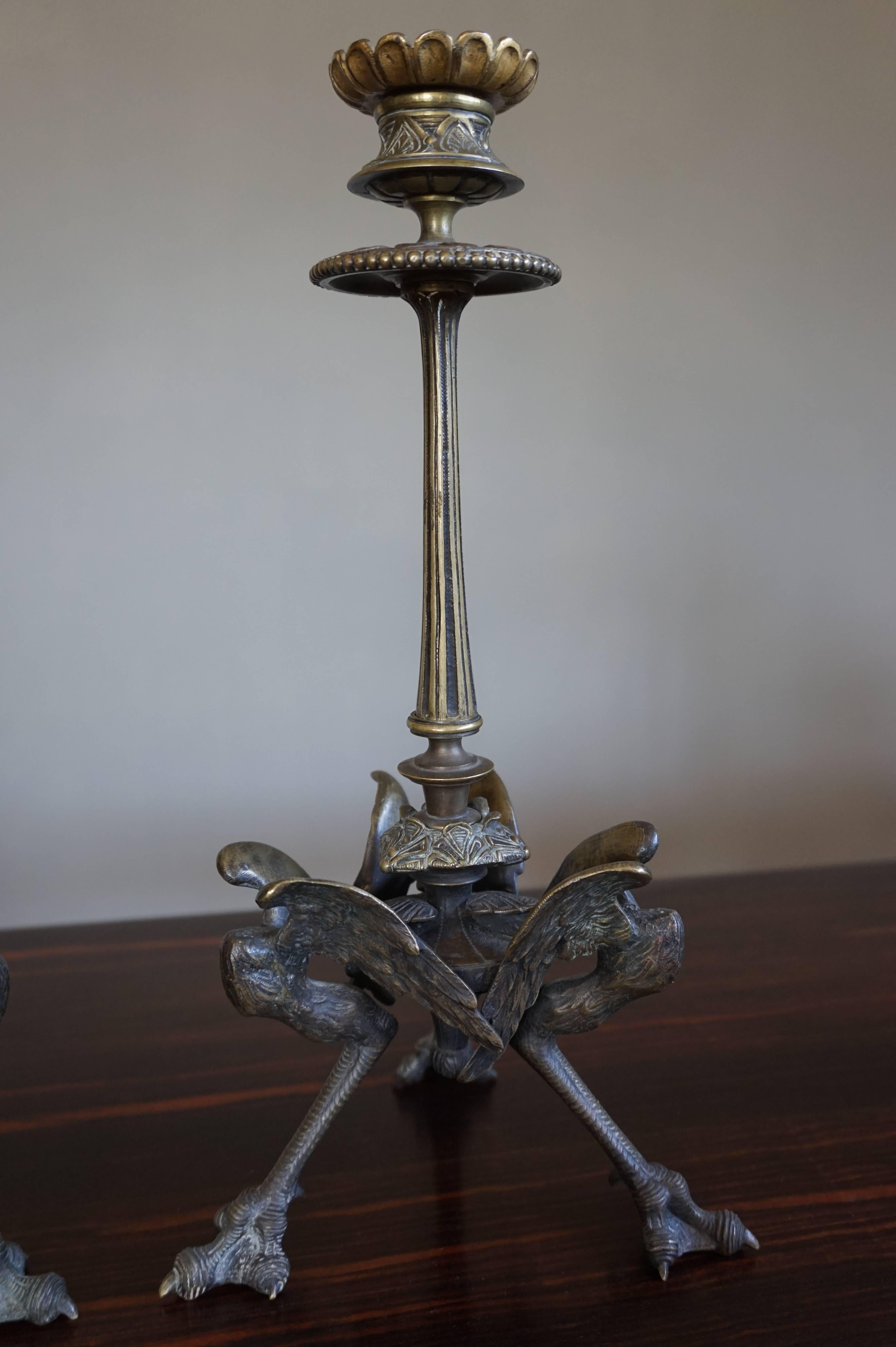 Practical size, antique candleholders with original and removable bobèches.

If you are looking for a rare and impressive pair of antique, bronze candle holders than this attractive and decorative pair could be flying your way soon. We often