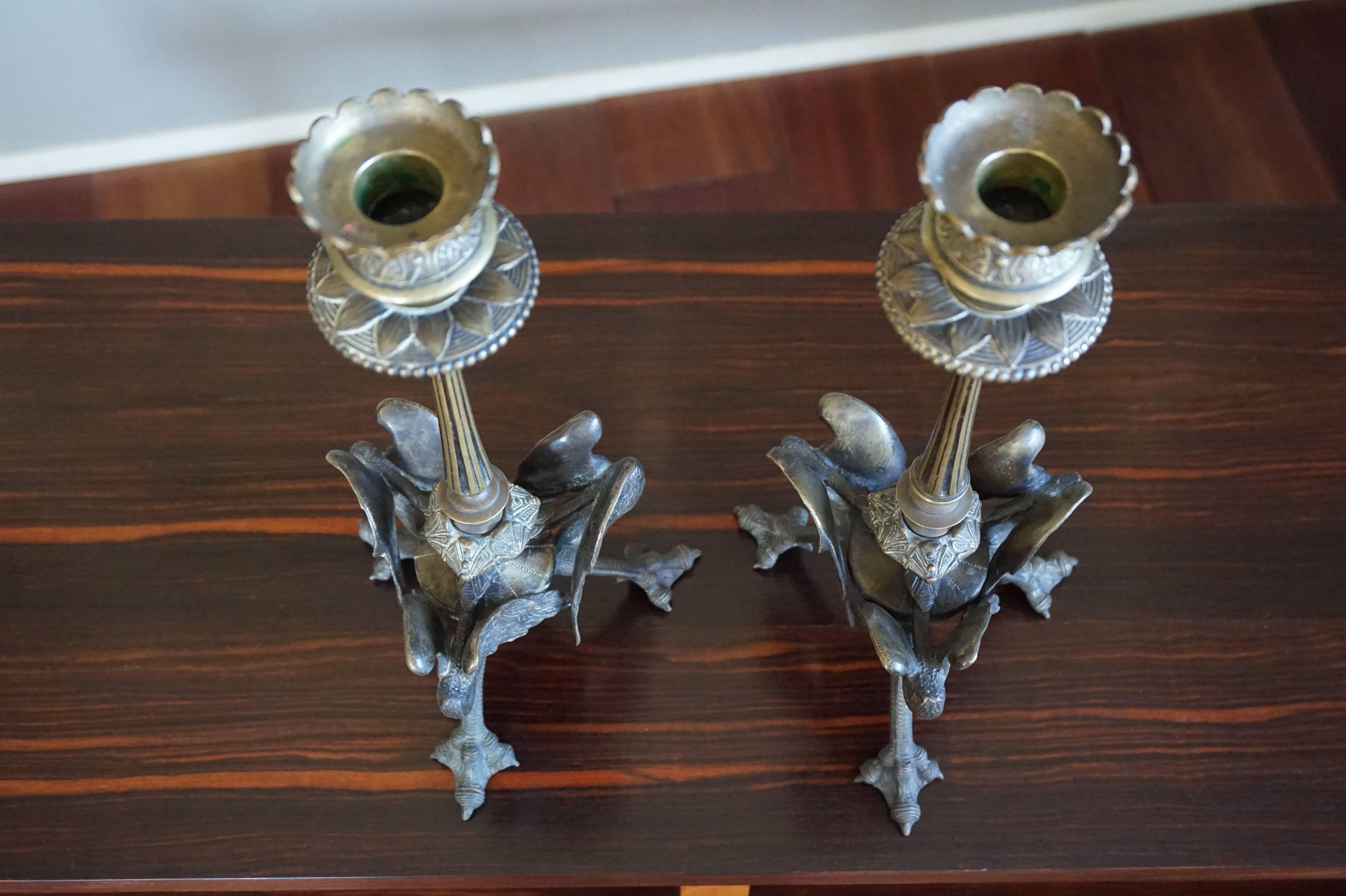Hand-Crafted Pair of Late 19th Century Figural Bronze Candlesticks Candleholders & Claw Feet