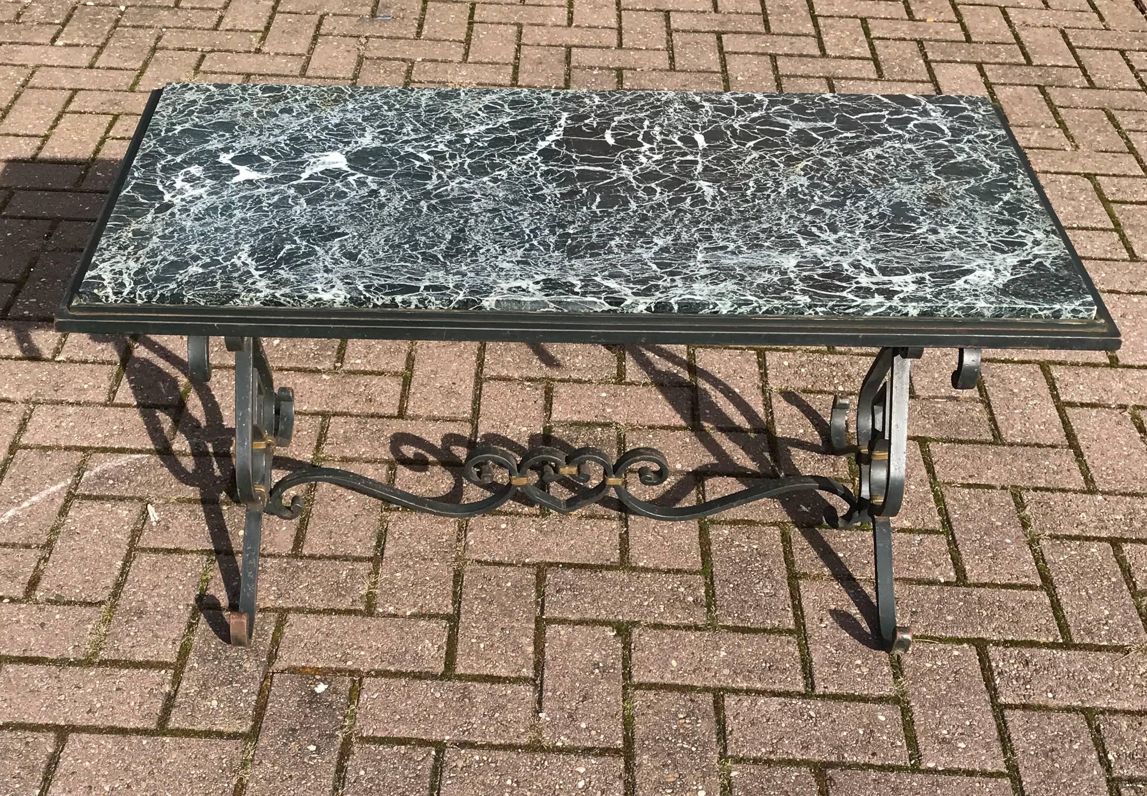 Great Shape Mid-Century Vintage Wrought Iron Coffee Table with Green Marble Top For Sale 1