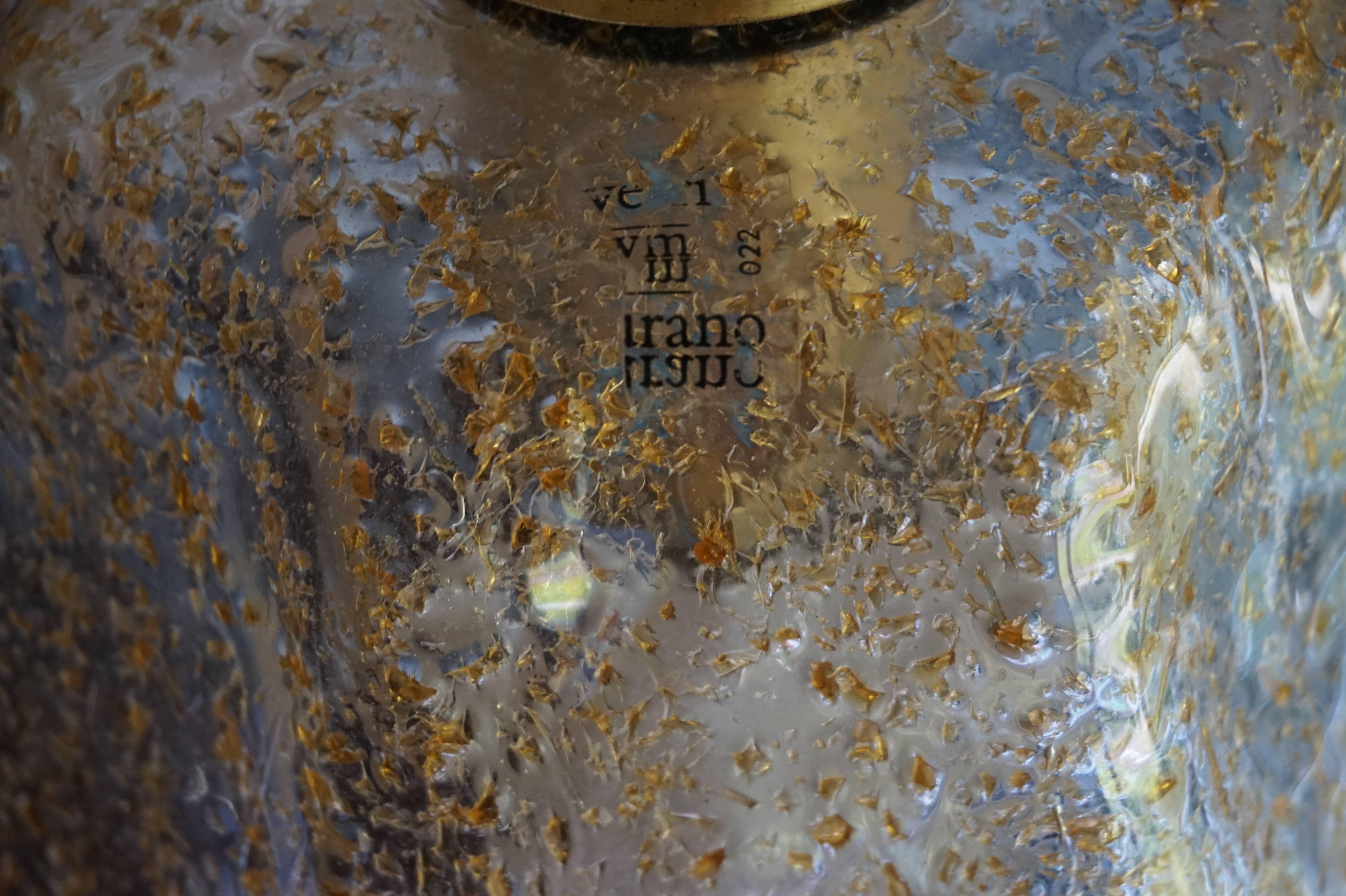 Brass Vintage Murano Glass Umbrella Pendant with Amber Colored Sugar Crust Decor For Sale