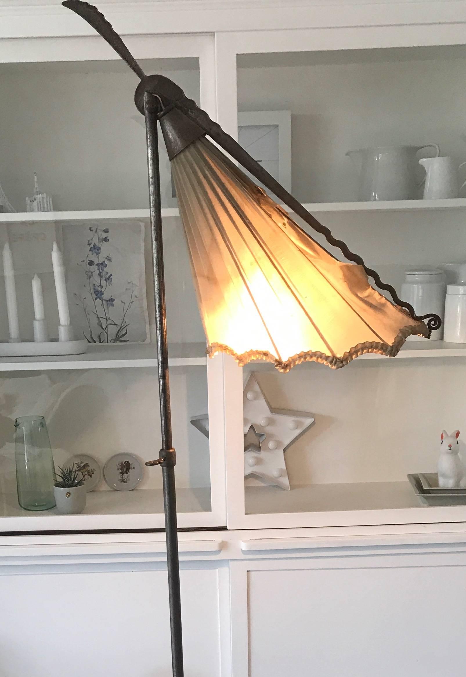 Hand-Crafted Unique All Handcrafted Wrought Iron Arts and Crafts Adjustable Shade Floor Lamp For Sale