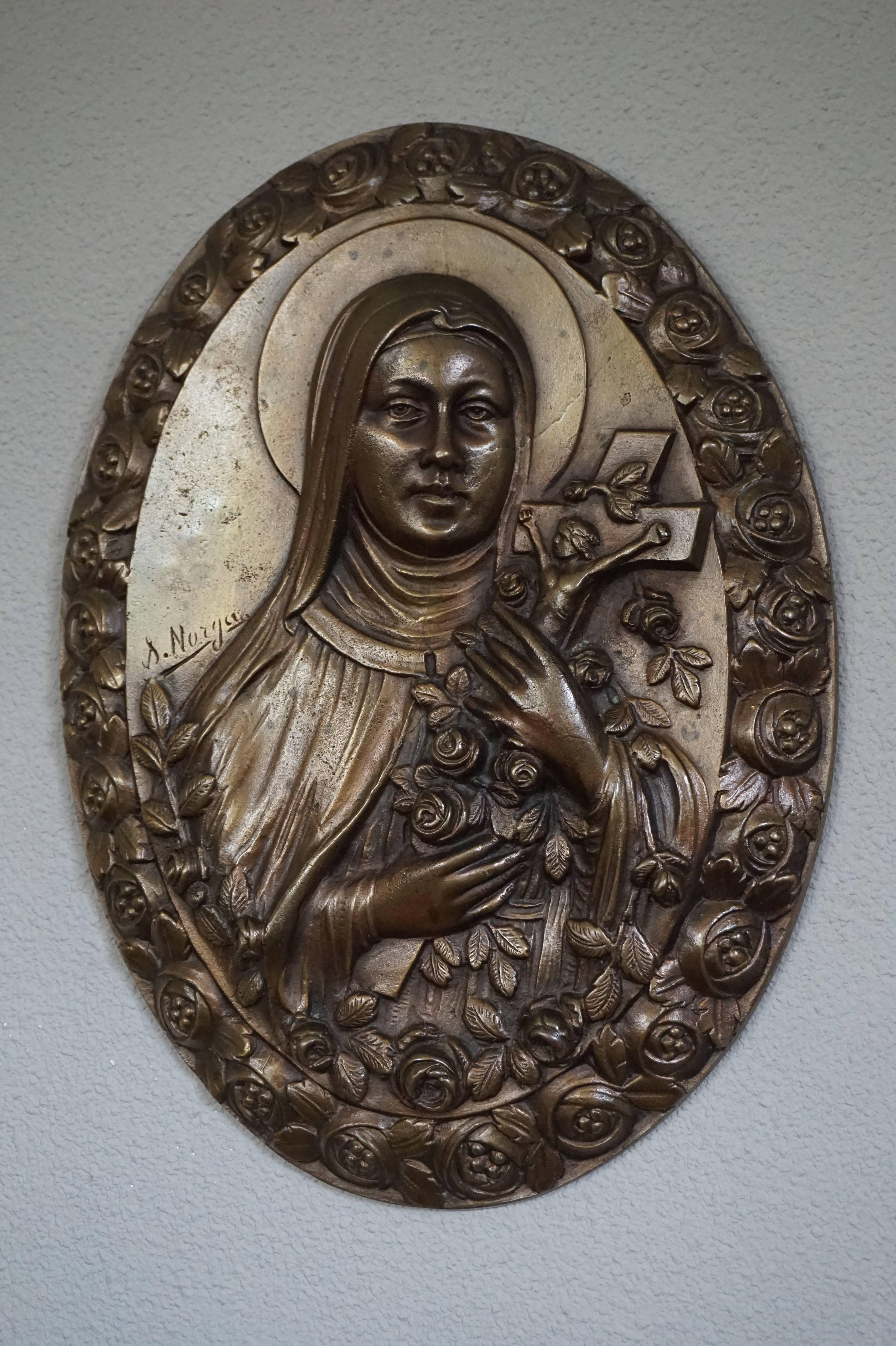 Rare Art Deco Bronze Wall Plaque of Saint Theresia of Lisieux by Sylvain Norga  1